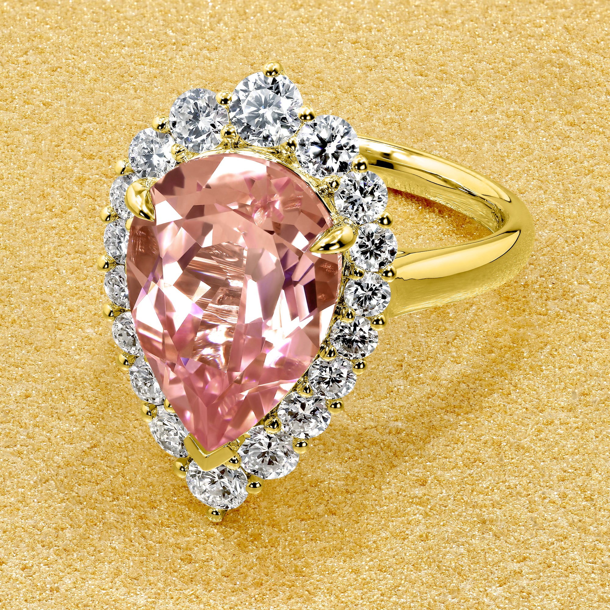 The Gloria, 5ct Lab-Grown Pear-Cut Padparadscha Pink Sapphire Diamond Halo Cathedral Ring in 14K Gold, 18K Gold, or Platinum by Earthena Jewelry of Beverly Hills.