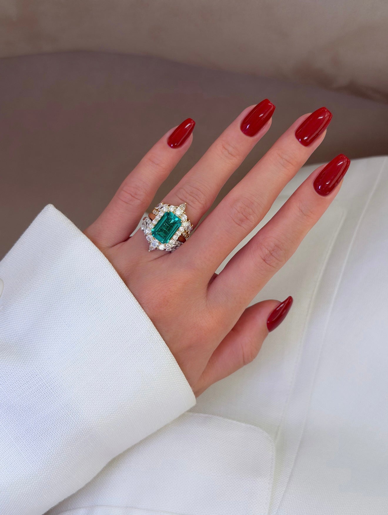 Gloria 3.5ct Emerald-Cut Lab-Grown Colombian Green Emerald Halo Cathedral Engagement Ring in 14K Gold, 18K Gold, or Platinum by Earthena Jewelry of Beverly Hills.