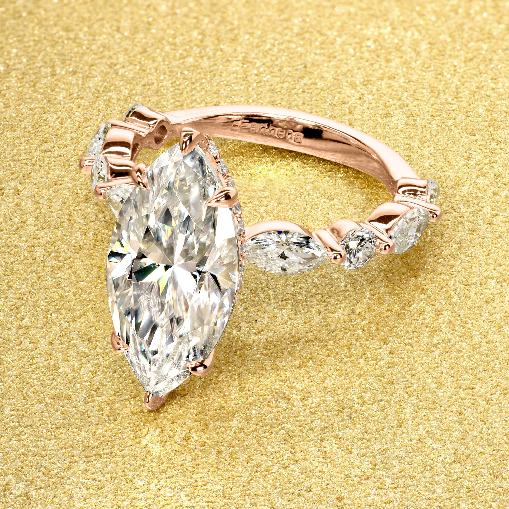 Classic Grace 3ct Marquise Brilliant-cut Moissanite Hidden Halo Floating Marquise and Round Lab-grown Diamond Engagement ring in 14K Gold, 18K Gold or Platinum by Earthena Jewelry in Los Angeles