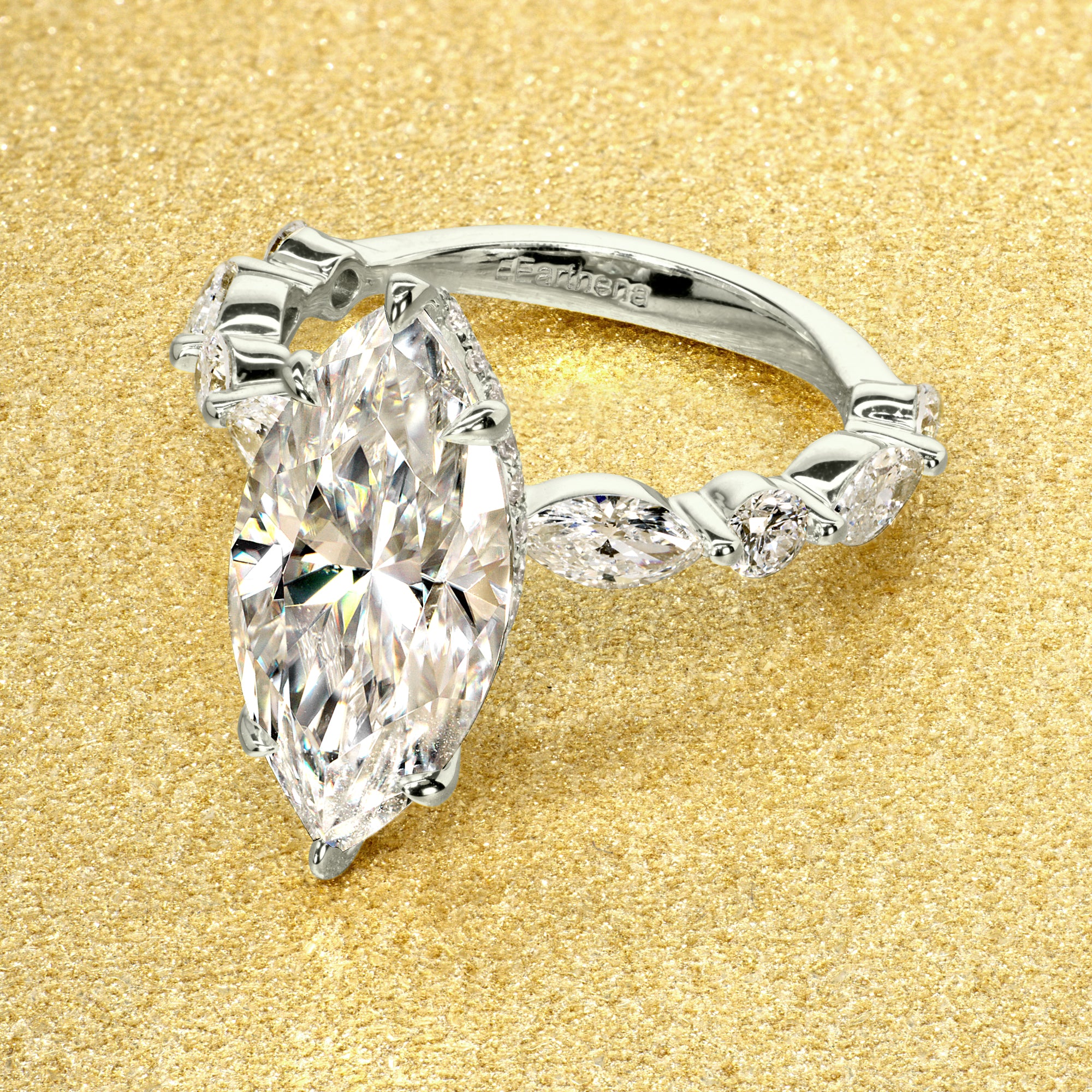 Classic Grace 3ct Marquise Brilliant-cut Moissanite Hidden Halo Floating Marquise and Round Lab-grown Diamond Engagement ring in 14K Gold, 18K Gold or Platinum by Earthena Jewelry in Los Angeles