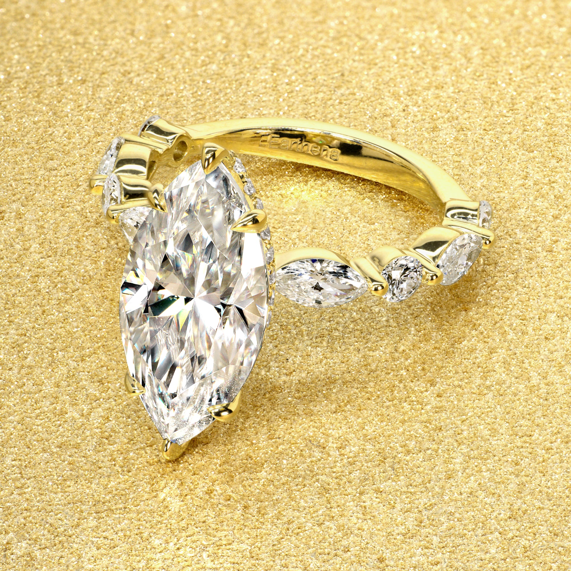 Classic Grace 3ct Marquise Brilliant-cut Moissanite Hidden Halo Floating Marquise and Round Lab-grown Diamond Engagement ring in 14K Gold, 18K Gold or Platinum by Earthena Jewelry in Los Angeles