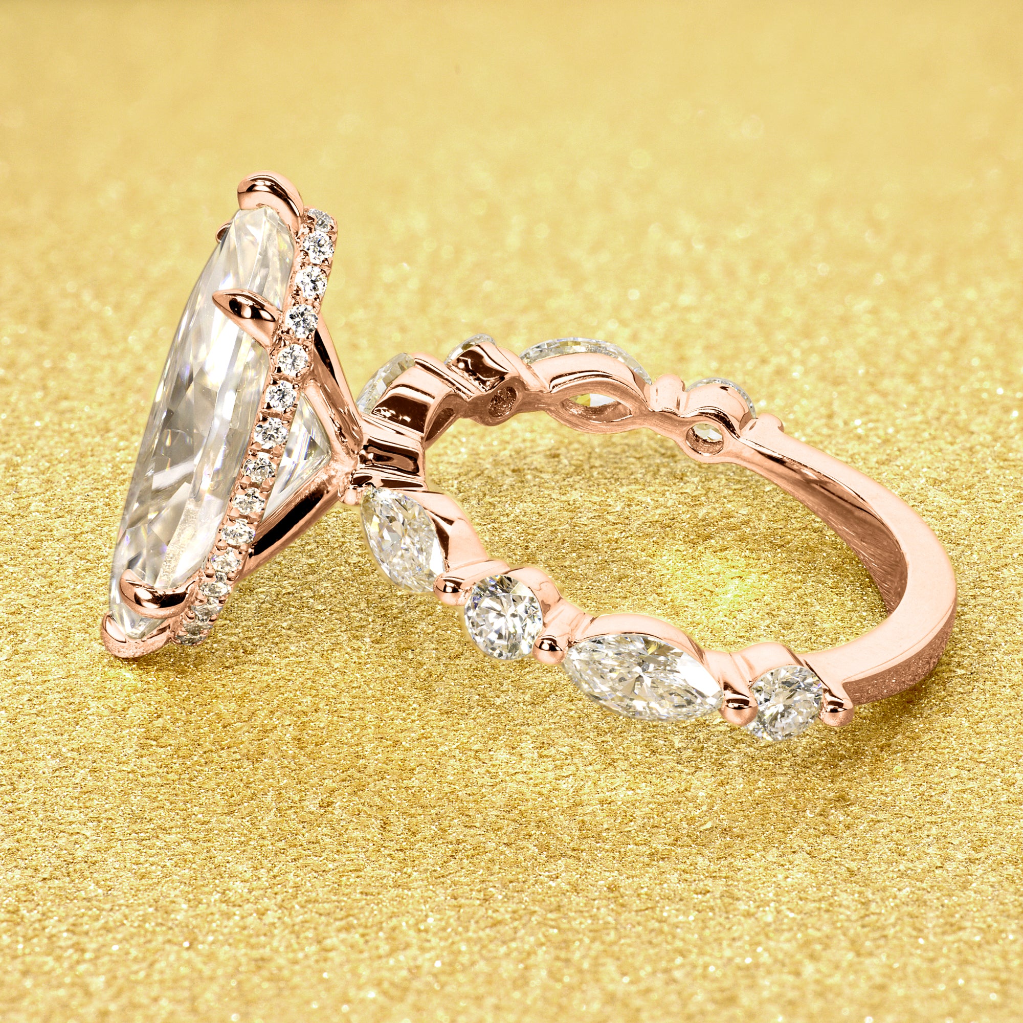 Classic Grace 3ct Marquise Brilliant-cut Moissanite Hidden Halo Floating Marquise and Round Lab-grown Diamond Engagement ring in 14K Gold, 18K Gold or Platinum by Earthena Jewelry in Los Angeles