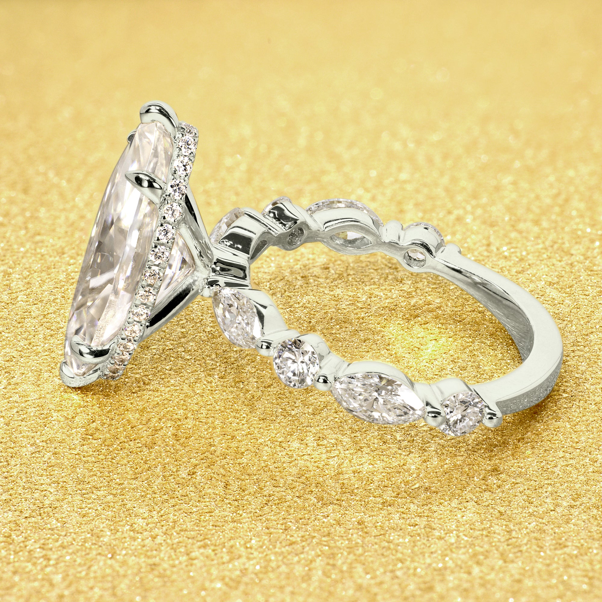 Classic Grace 3ct Marquise Brilliant-cut Moissanite Hidden Halo Floating Marquise and Round Lab-grown Diamond Engagement ring in 14K Gold, 18K Gold or Platinum by Earthena Jewelry in Los Angeles