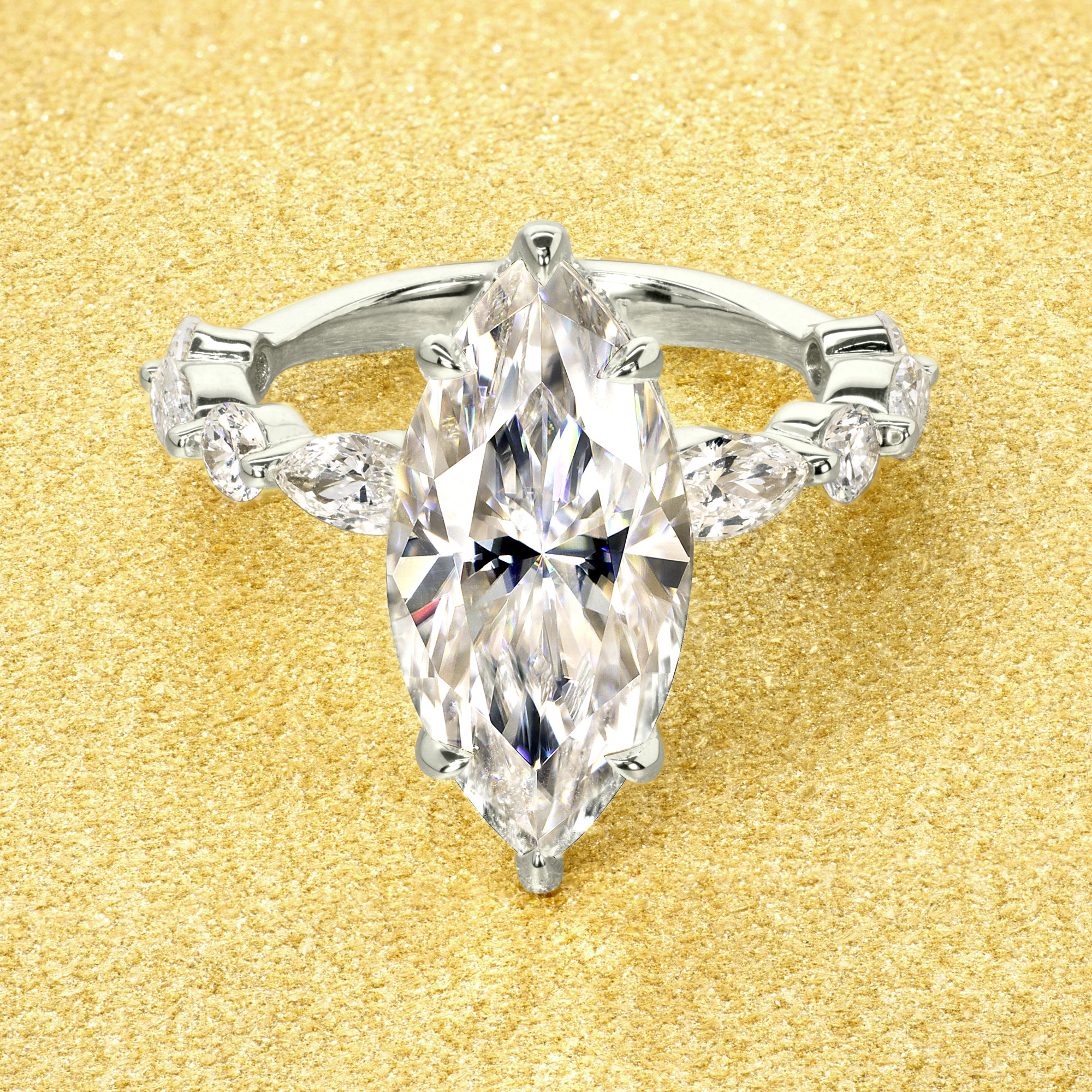 Classic Grace 3ct Marquise Brilliant-cut Moissanite Hidden Halo Floating Marquise and Round Lab-grown Diamond Engagement ring in 14K Gold, 18K Gold or Platinum by Earthena Jewelry in Los Angeles