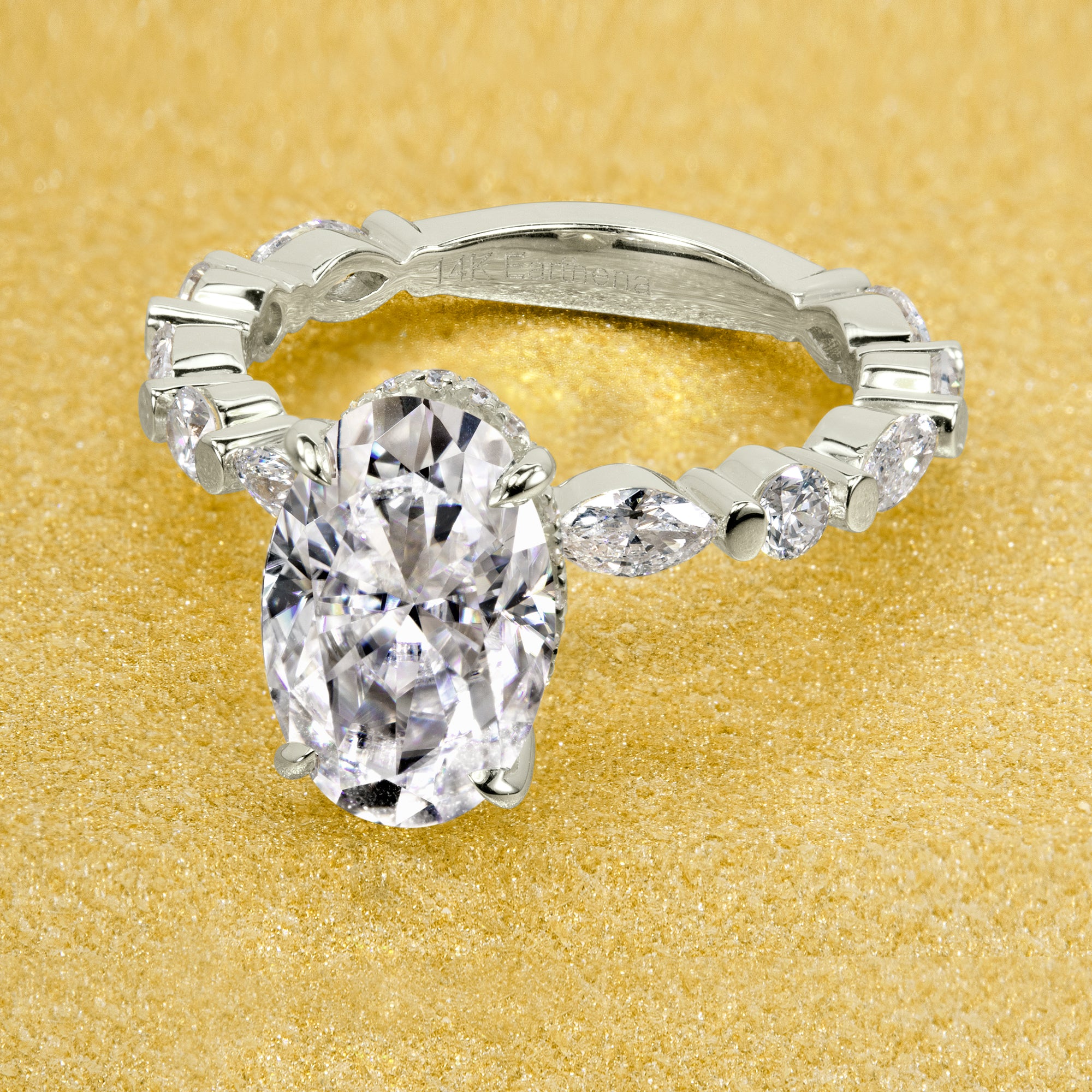 The Grace, 3ct Elongated Oval Brilliant-cut Moissanite Hidden Eternity Halo Floating Marquise and Round Lab-grown Diamond Engagement Ring by Earthena Jewelry