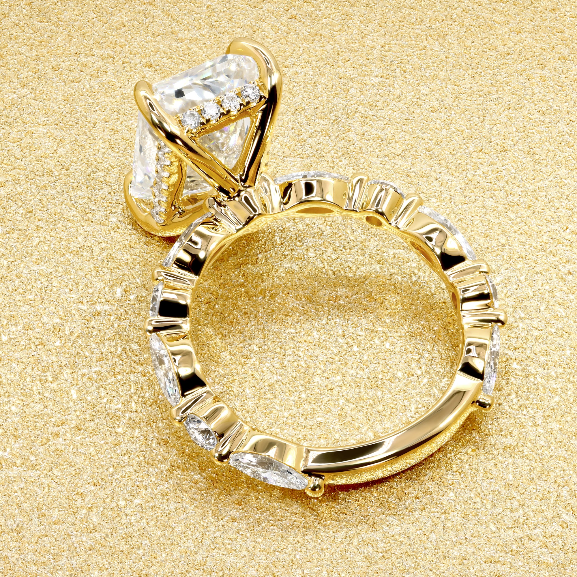 Classic Grace 5.5ct Emerald-cut Moissanite Hidden Halo Floating Marquise and Round Lab-grown Diamond Engagement ring in 14K Gold, 18K Gold, or Platinum by Earthena Jewelry of Beverly Hills.