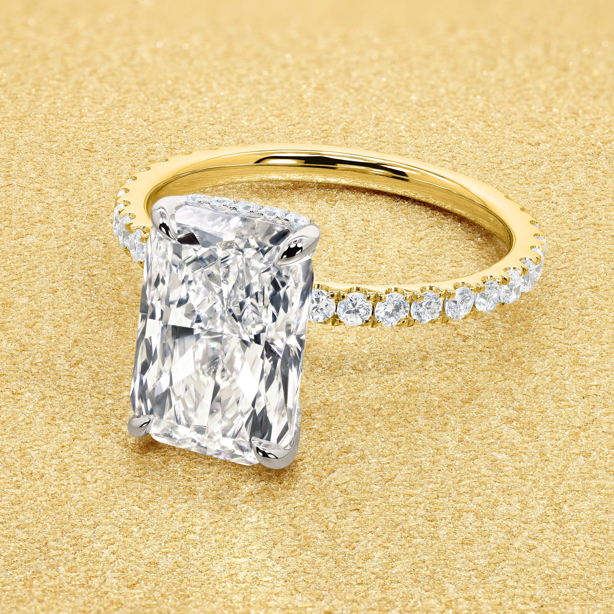 Classic Selina 3.21ct Elongated Radiant-cut Lab-grown Diamond Hidden Vow Halo Engagement ring in 14K Two-toned Gold by Earthena Jewelry of Beverly Hills.