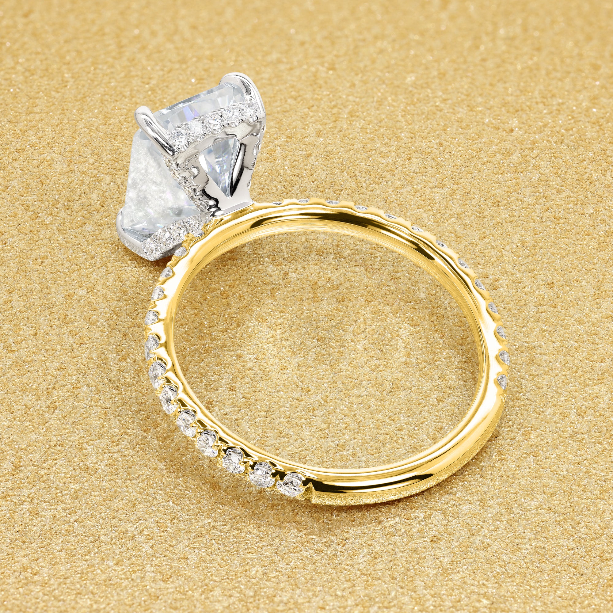 Classic Selina 3.21ct Elongated Radiant-cut Lab-grown Diamond Hidden Vow Halo Engagement ring in 14K Two-toned Gold by Earthena Jewelry of Beverly Hills.