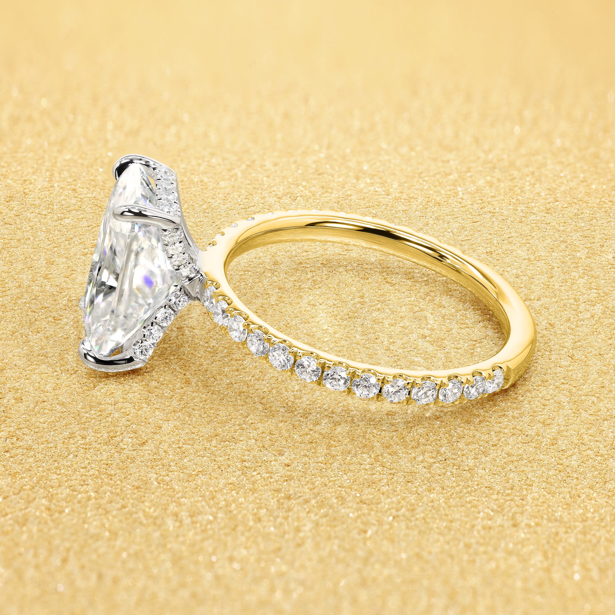 Classic Selina 3.21ct Elongated Radiant-cut Lab-grown Diamond Hidden Vow Halo Engagement ring in 14K Two-toned Gold by Earthena Jewelry of Beverly Hills.