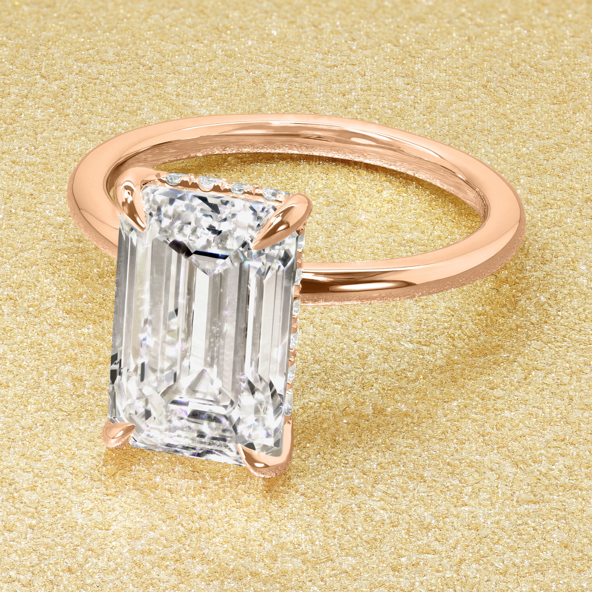 Classic Adara 4.02ct Elongated Emerald-cut Lab-grown Diamond Hidden Halo Engagement ring in 14K Gold, 18K Gold, or Platinum by Earthena Jewelry of Beverly Hills.