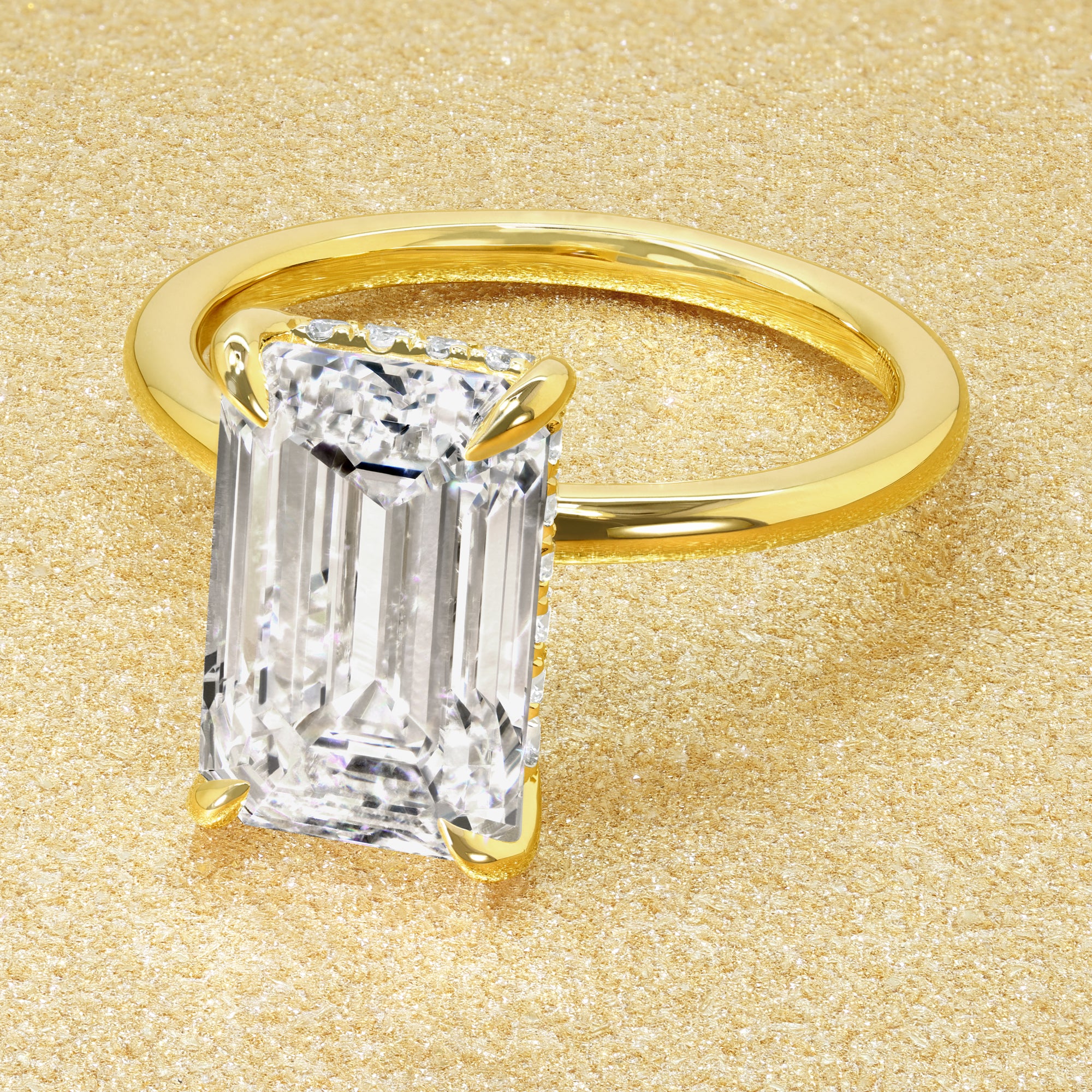 Classic Adara 4.02ct Elongated Emerald-cut Lab-grown Diamond Hidden Halo Engagement ring in 14K Gold, 18K Gold, or Platinum by Earthena Jewelry of Beverly Hills.