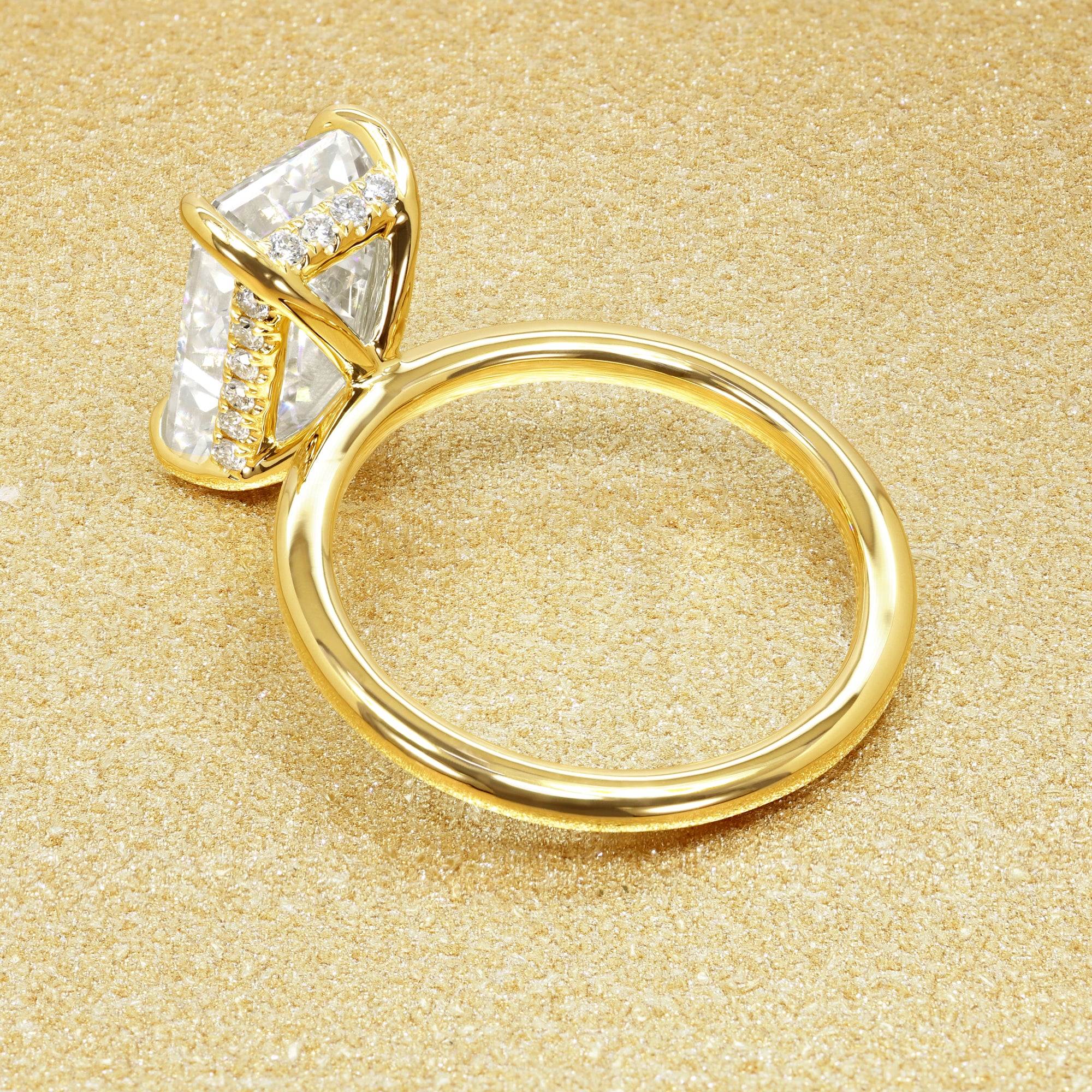 Classic Adara 4.02ct Elongated Emerald-cut Lab-grown Diamond Hidden Halo Engagement ring in 14K Gold, 18K Gold, or Platinum by Earthena Jewelry of Beverly Hills.