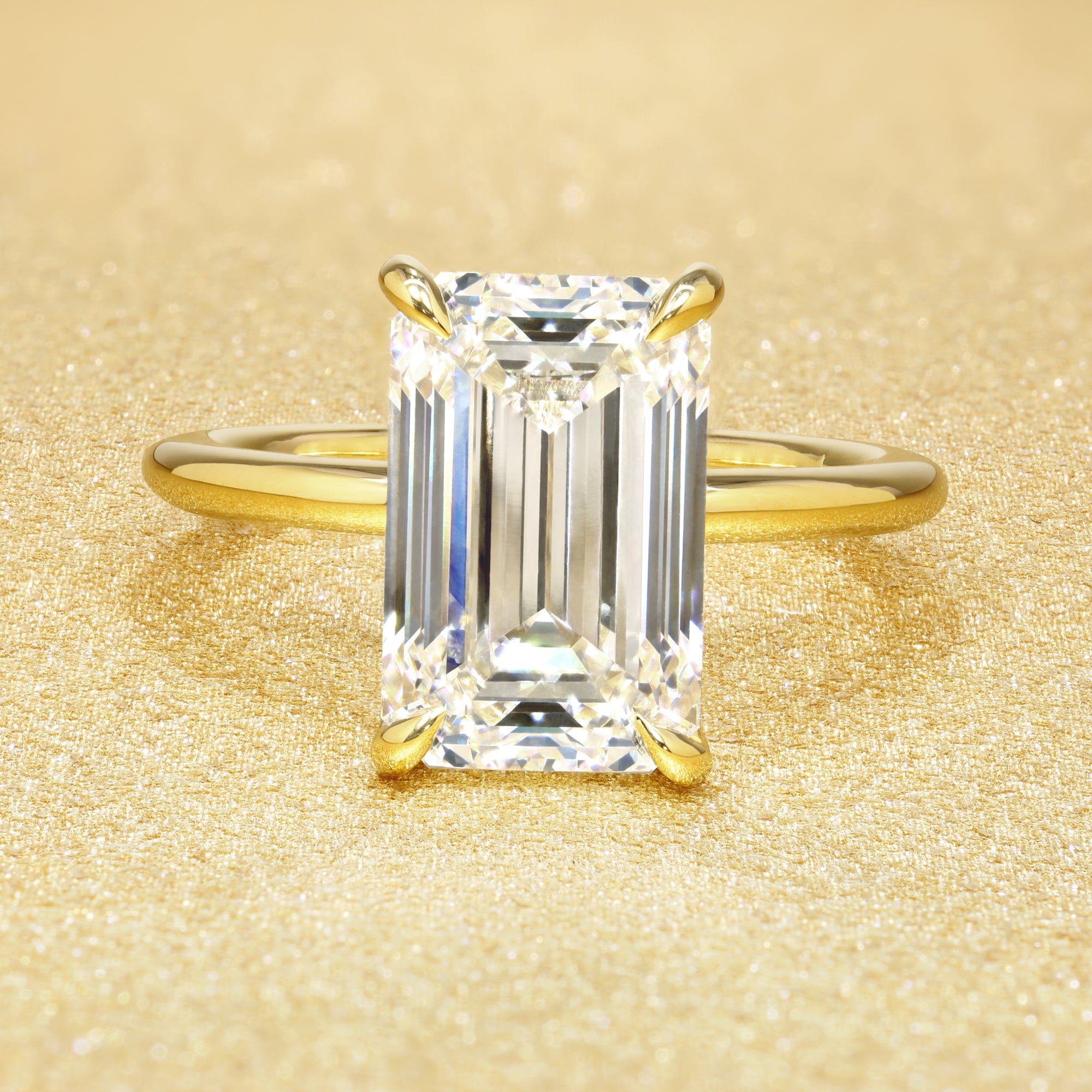 Classic Adara 4.02ct Elongated Emerald-cut Lab-grown Diamond Hidden Halo Engagement ring in 14K Gold, 18K Gold, or Platinum by Earthena Jewelry of Beverly Hills.