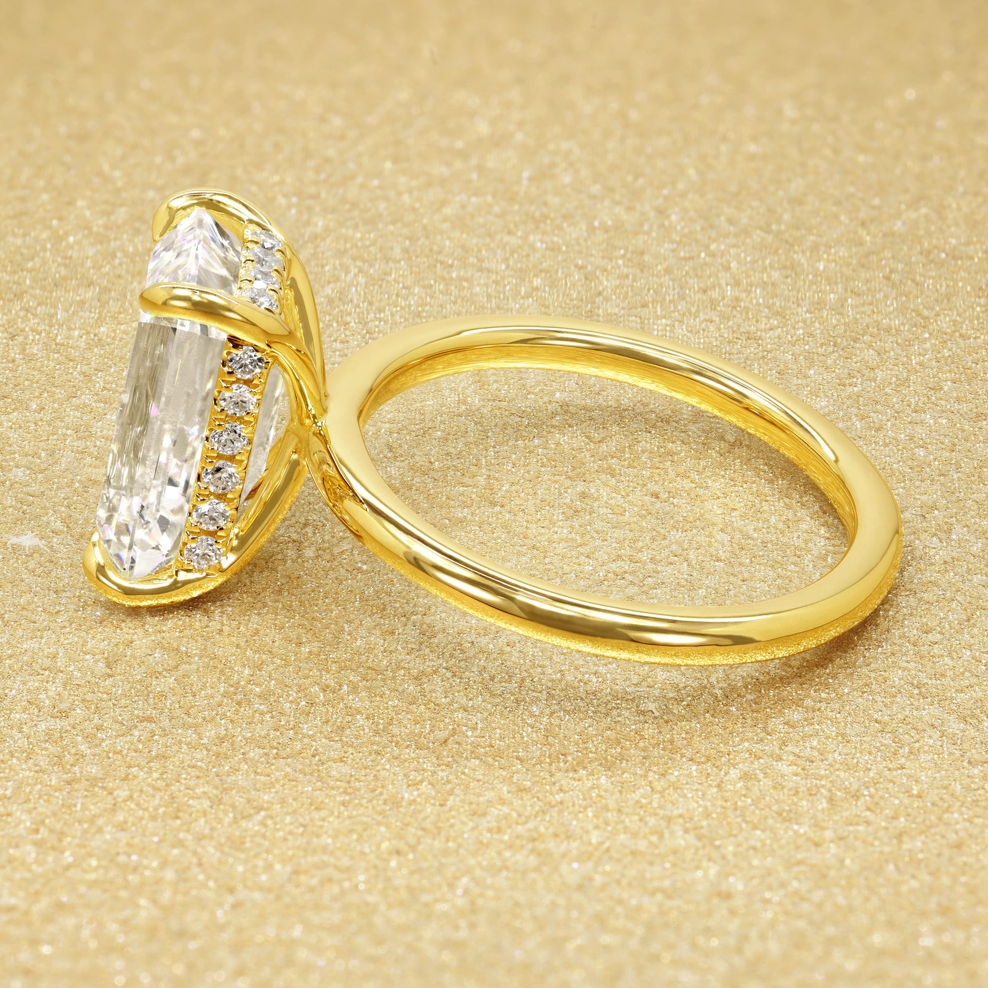 Classic Adara 4.02ct Elongated Emerald-cut Lab-grown Diamond Hidden Halo Engagement ring in 14K Gold, 18K Gold, or Platinum by Earthena Jewelry of Beverly Hills.