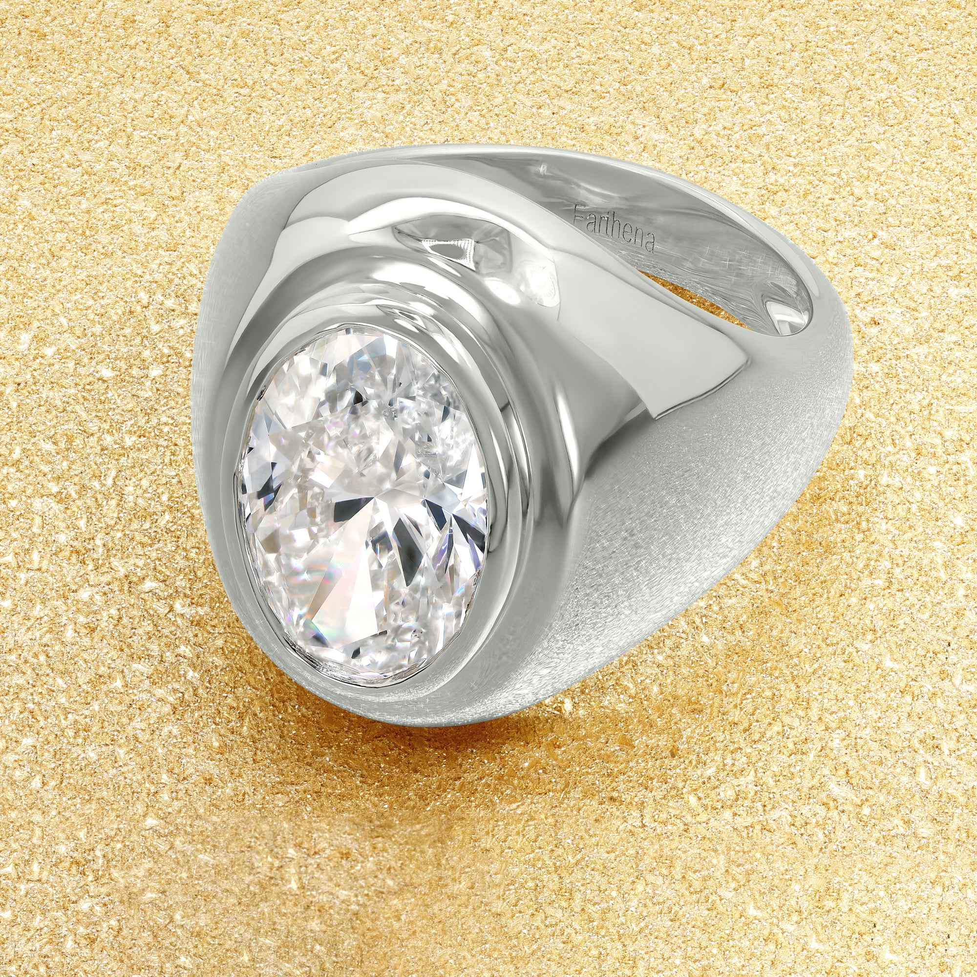 Cloud 3.47ct Elongated Oval-cut Lab-grown Diamond Chunky Statement ring in 14K Yellow Gold Size 5.0 by Earthena Jewelry of Beverly Hills.