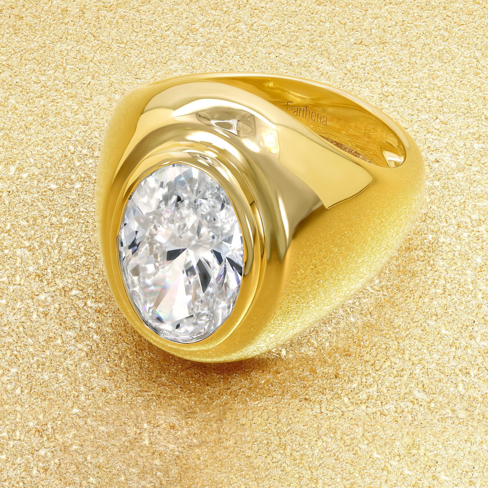 Cloud 3.47ct Elongated Oval-cut Lab-grown Diamond Chunky Statement ring in 14K Yellow Gold Size 5.0 by Earthena Jewelry of Beverly Hills.