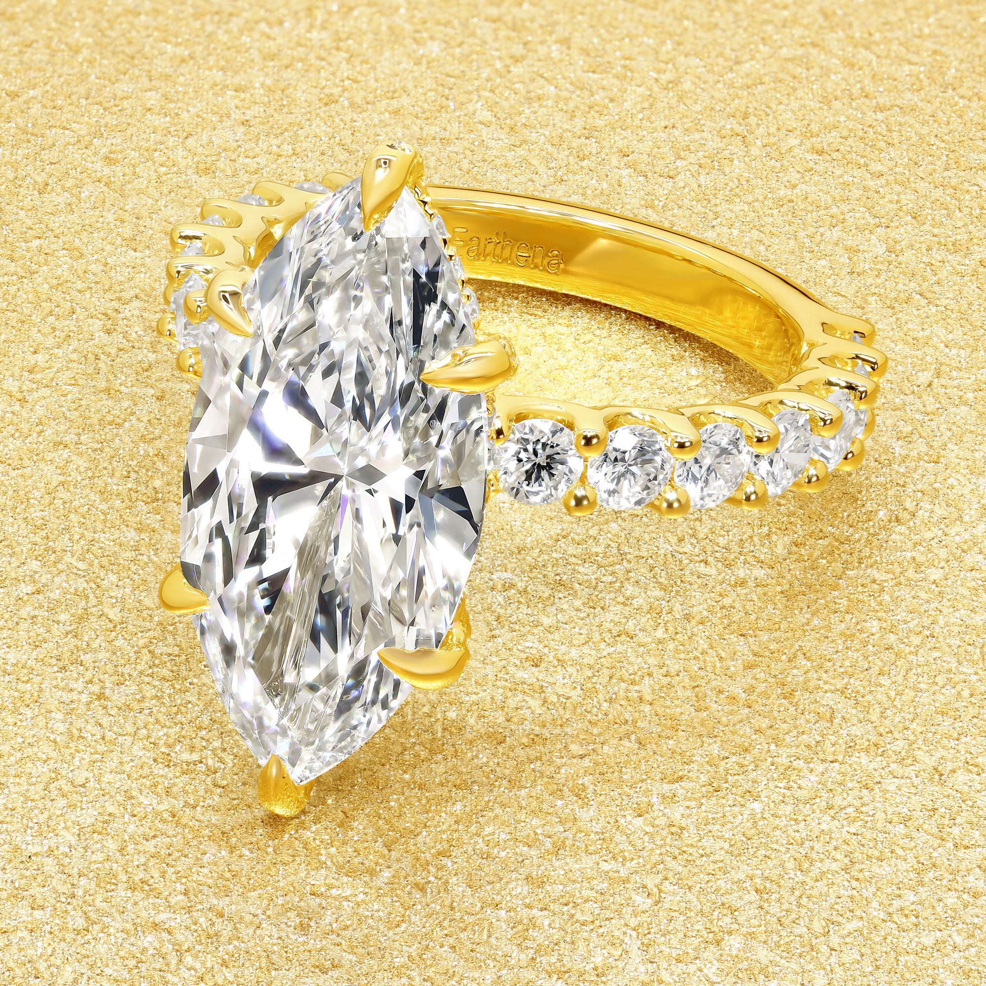 Inspired by Selena Gomez engagement ring, this Bespoke Mila 4.45ct Elongated Marquise-cut Lab-grown Diamond Hidden Wrap Halo Engagement ring are available in 14K gold, 18K gold, or Platinum by Earthena Jewelry of Beverly Hills.