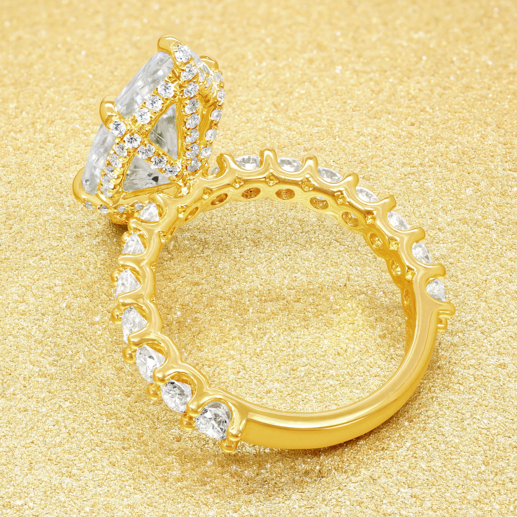 Inspired by Selena Gomez engagement ring, this Bespoke Mila 4.45ct Elongated Marquise-cut Lab-grown Diamond Hidden Wrap Halo Engagement ring are available in 14K gold, 18K gold, or Platinum by Earthena Jewelry of Beverly Hills.