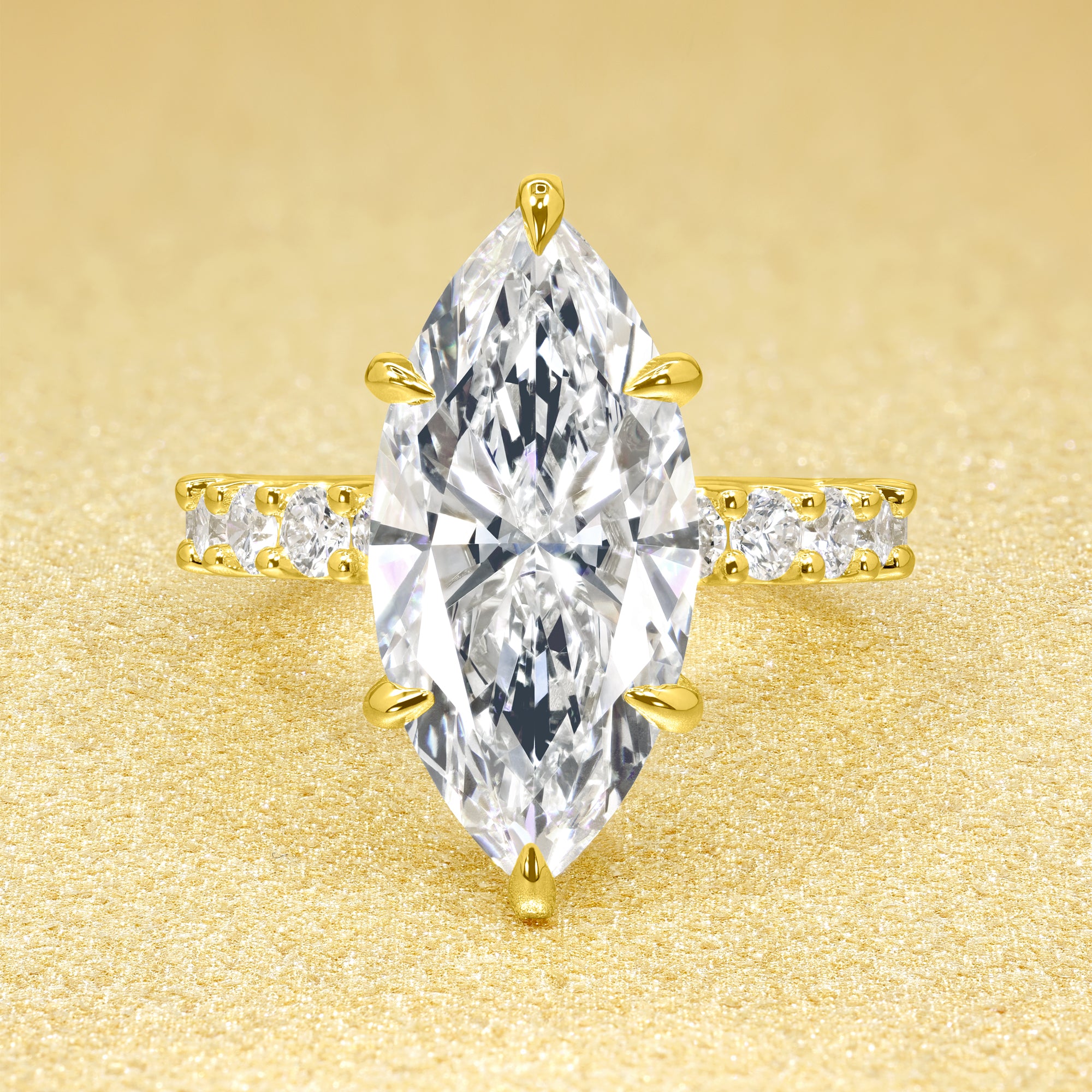 Inspired by Selena Gomez engagement ring, this Bespoke Mila 4.45ct Elongated Marquise-cut Lab-grown Diamond Hidden Wrap Halo Engagement ring are available in 14K gold, 18K gold, or Platinum by Earthena Jewelry of Beverly Hills.