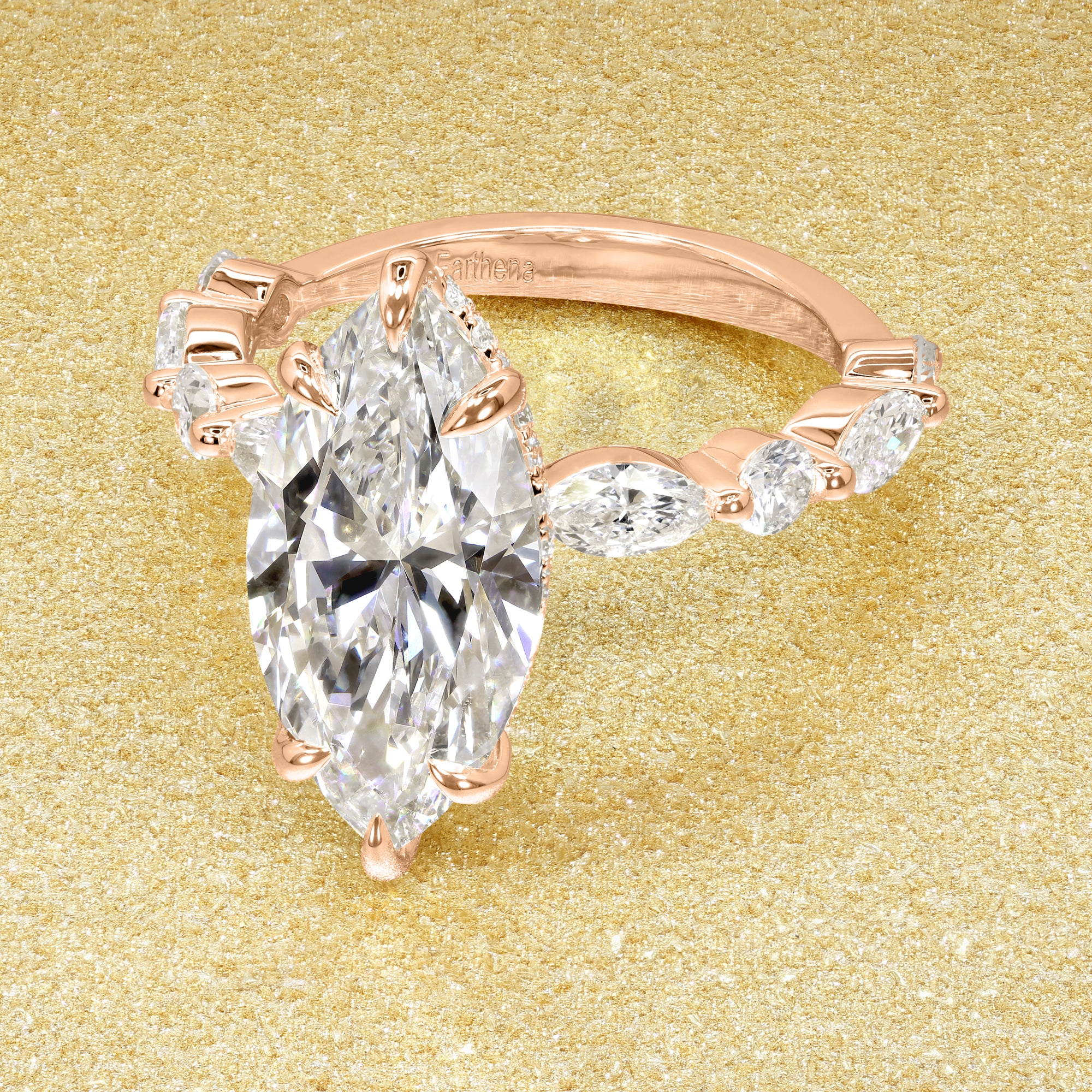 Classic Grace 3.08ct Elongated Marquise-cut Lab-grown Diamond Hidden Eternity Halo Floating Engagement ring in 14K Gold, 18K Gold, or Platinum by Earthena Jewelry of Beverly Hills.