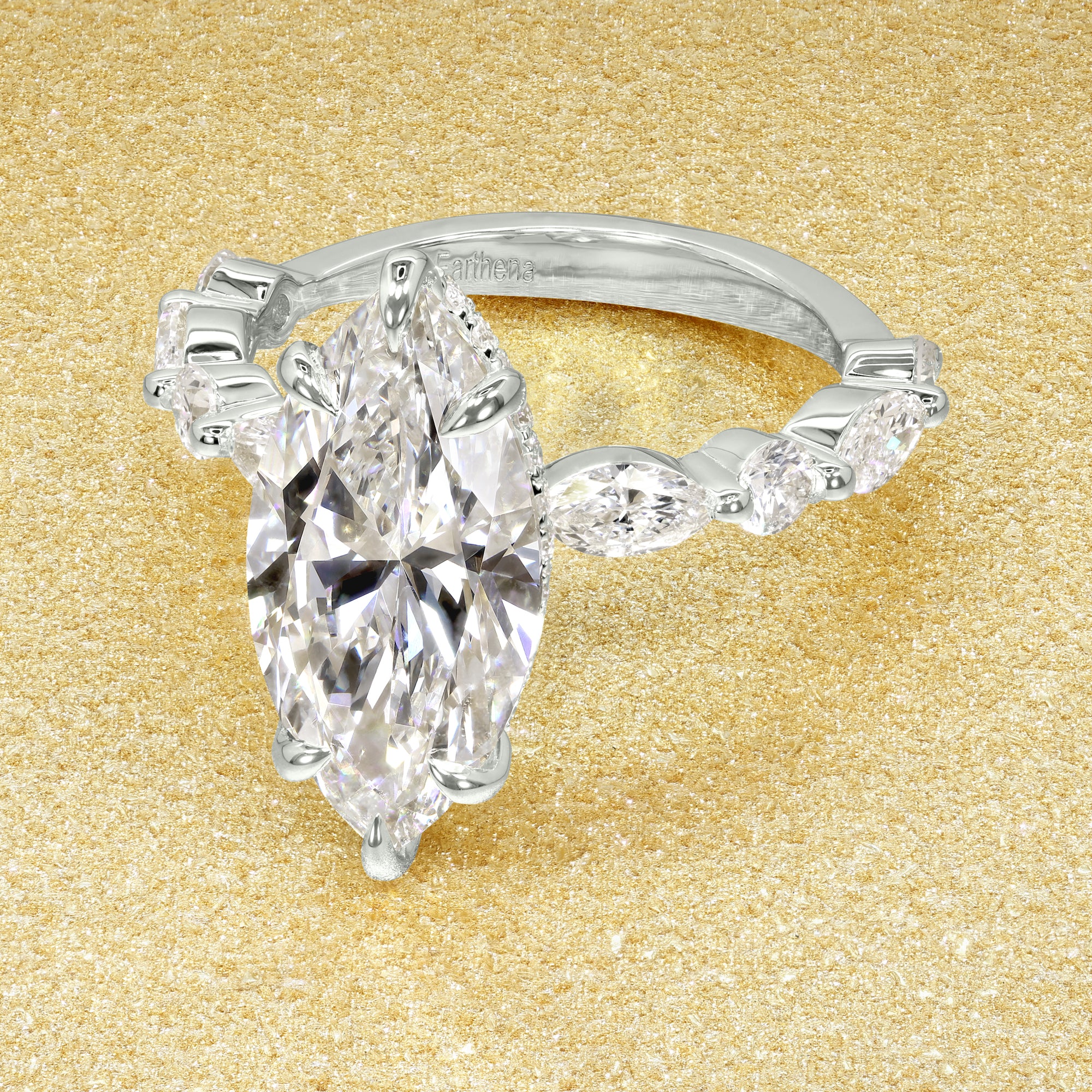 Classic Grace 3.08ct Elongated Marquise-cut Lab-grown Diamond Hidden Eternity Halo Floating Engagement ring in 14K Gold, 18K Gold, or Platinum by Earthena Jewelry of Beverly Hills.