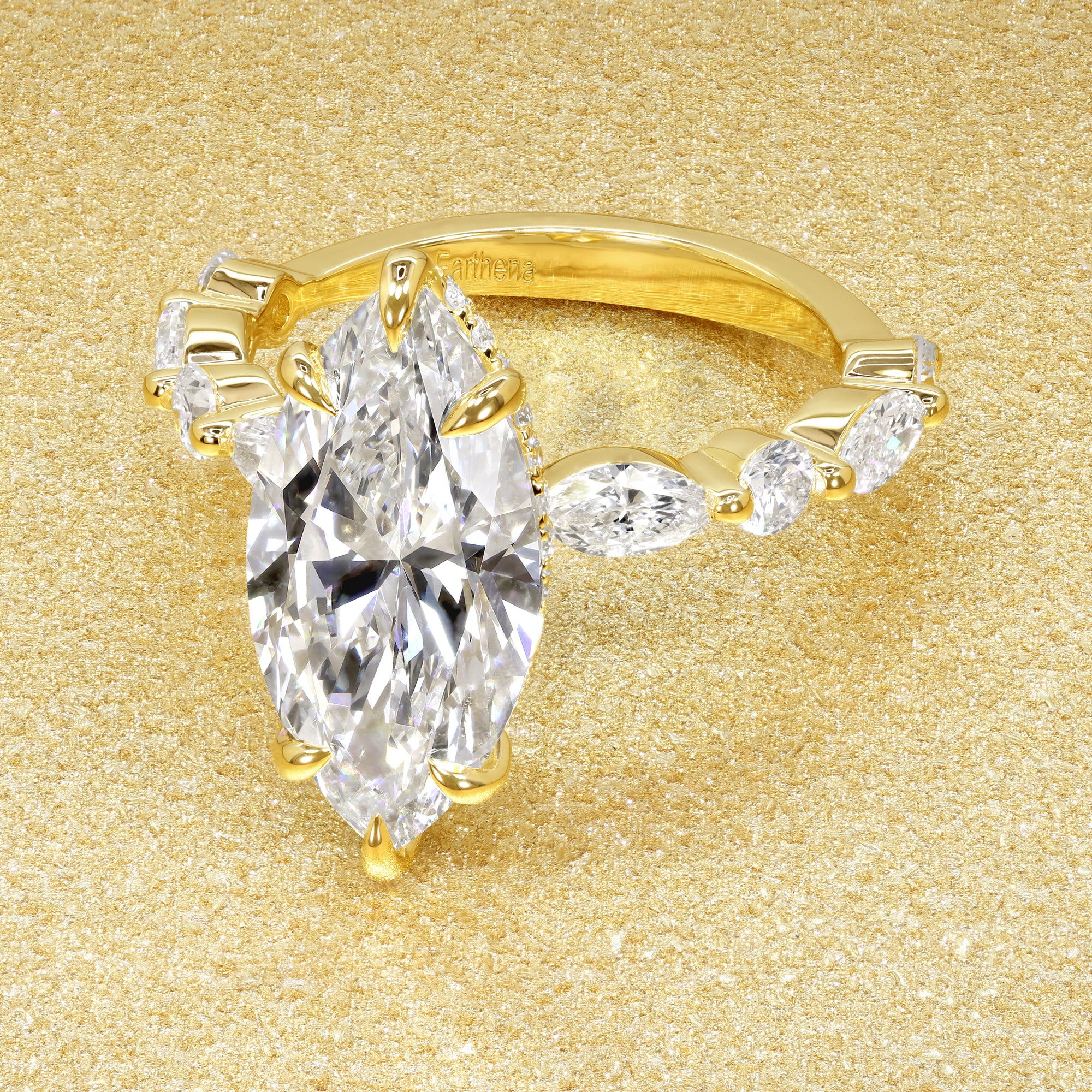 Classic Grace 3.08ct Elongated Marquise-cut Lab-grown Diamond Hidden Eternity Halo Floating Engagement ring in 14K Gold, 18K Gold, or Platinum by Earthena Jewelry of Beverly Hills.