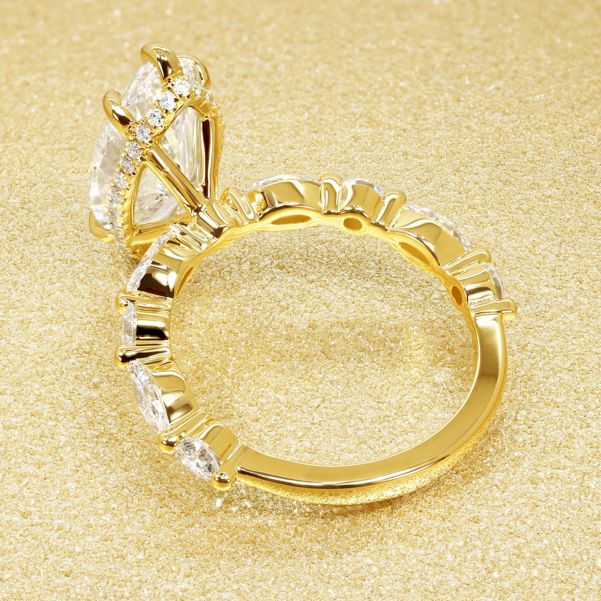 Classic Grace 3.08ct Elongated Marquise-cut Lab-grown Diamond Hidden Eternity Halo Floating Engagement ring in 14K Gold, 18K Gold, or Platinum by Earthena Jewelry of Beverly Hills.