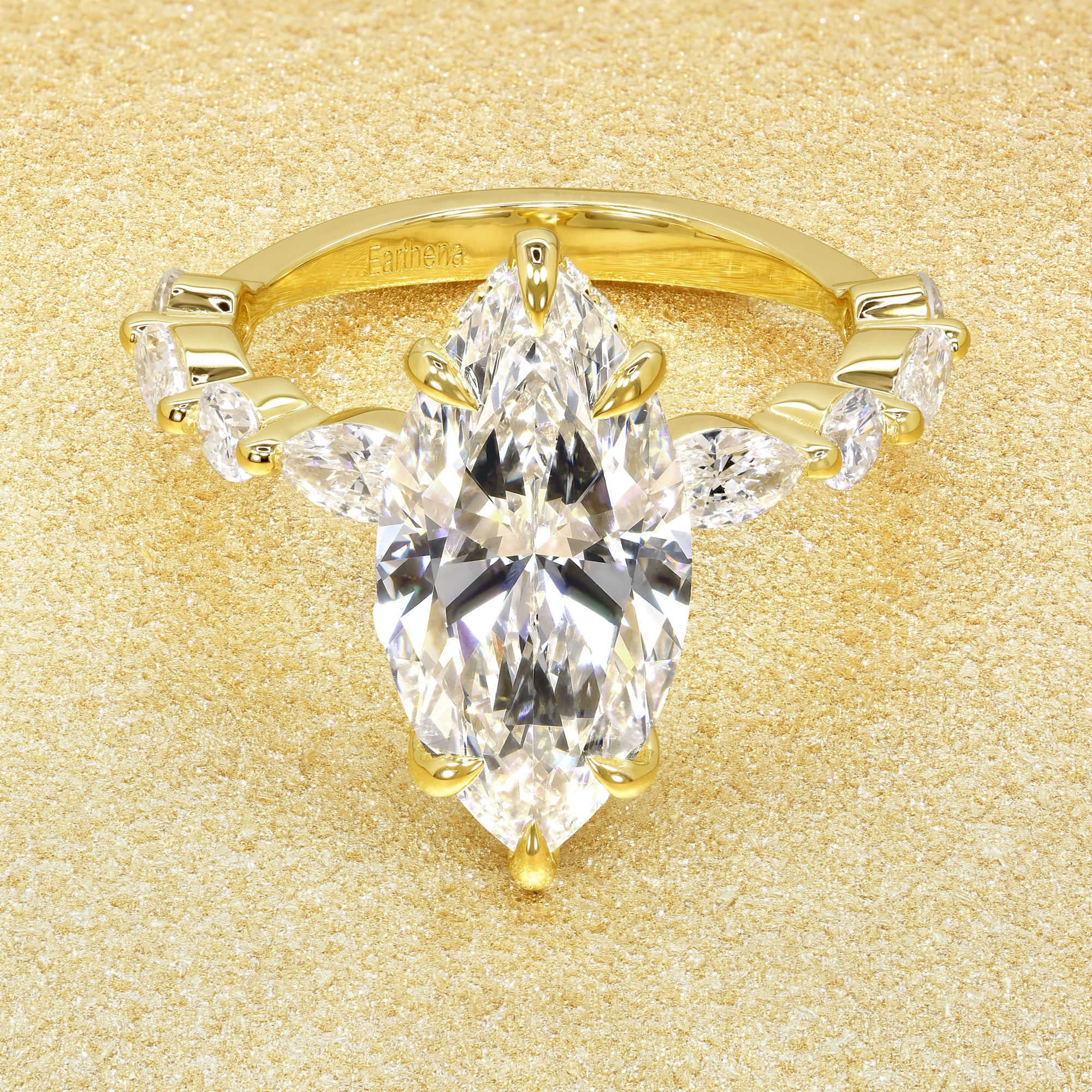 Classic Grace 3.08ct Elongated Marquise-cut Lab-grown Diamond Hidden Eternity Halo Floating Engagement ring in 14K Gold, 18K Gold, or Platinum by Earthena Jewelry of Beverly Hills.