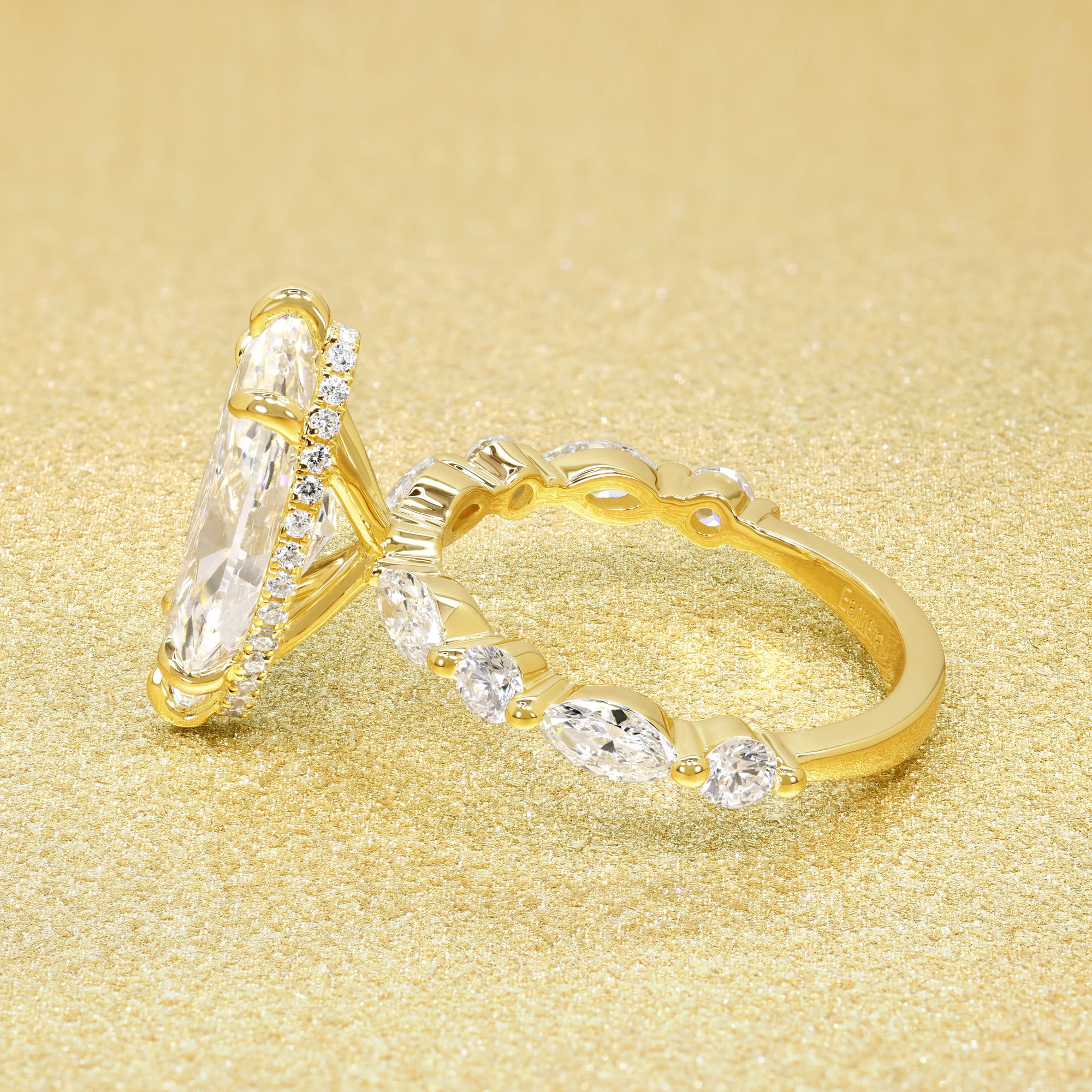 Classic Grace 3.08ct Elongated Marquise-cut Lab-grown Diamond Hidden Eternity Halo Floating Engagement ring in 14K Gold, 18K Gold, or Platinum by Earthena Jewelry of Beverly Hills.