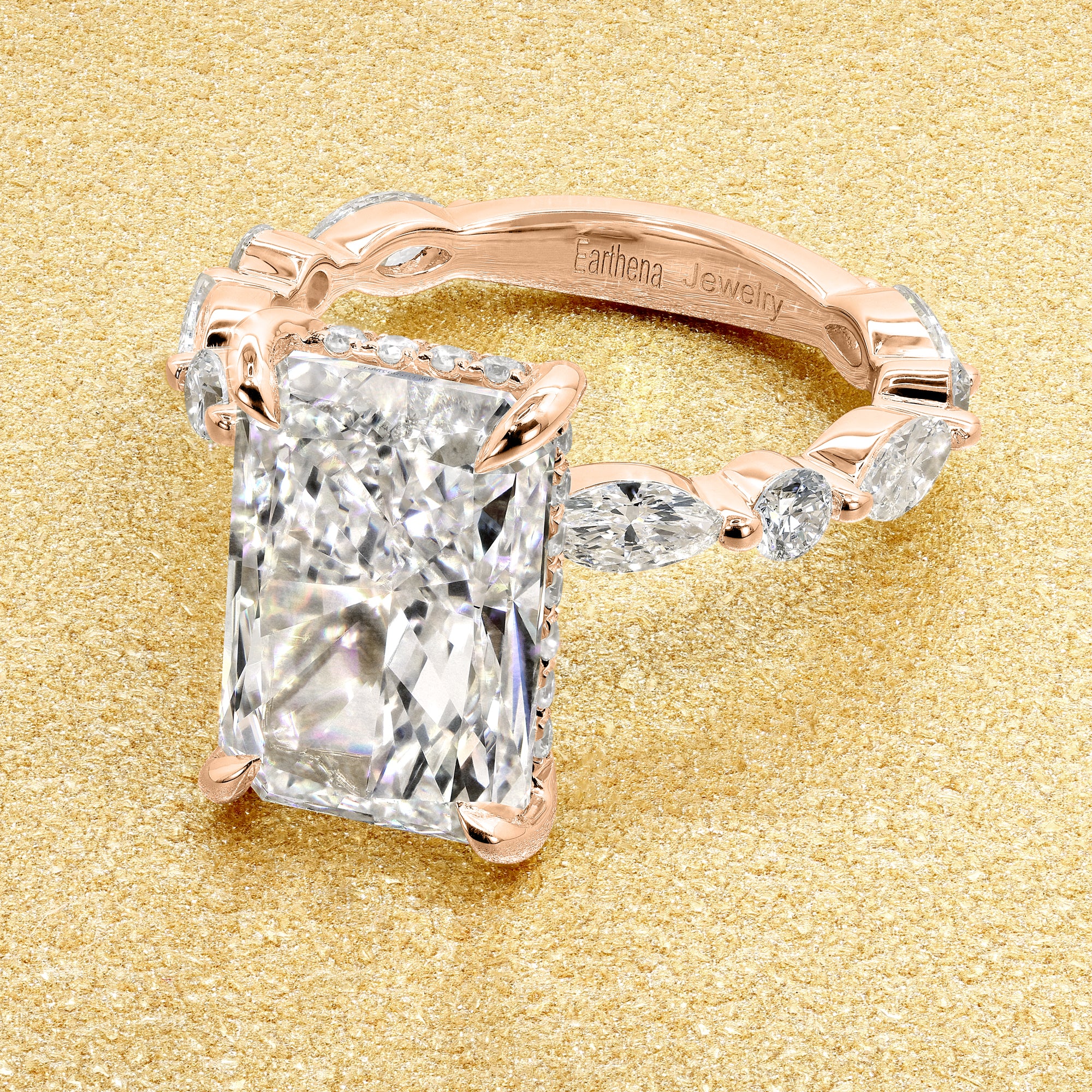 Classic Grace 4.57ct Elongated Radiant-cut Lab-grown Diamond Hidden Halo Floating Engagement ring in 14K or 18K Rose Gold by Earthena Jewelry of Beverly Hills.