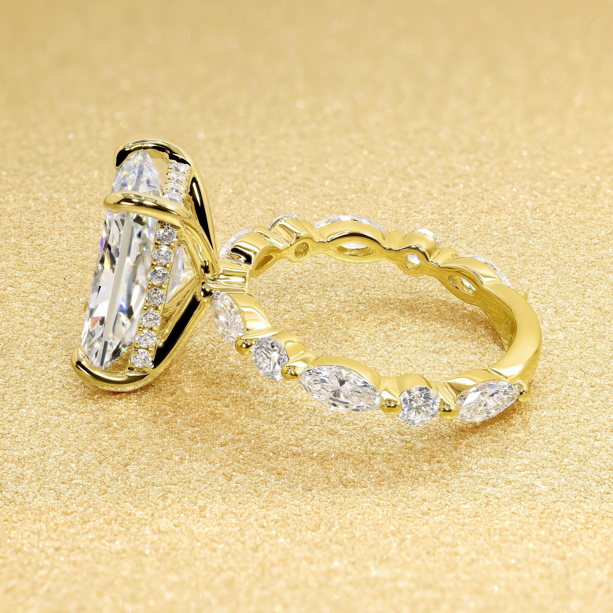 Classic Grace 4.57ct Elongated Radiant-cut Lab-grown Diamond Hidden Halo Floating Engagement ring in 18K Yellow Gold by Earthena Jewelry of Beverly Hills.