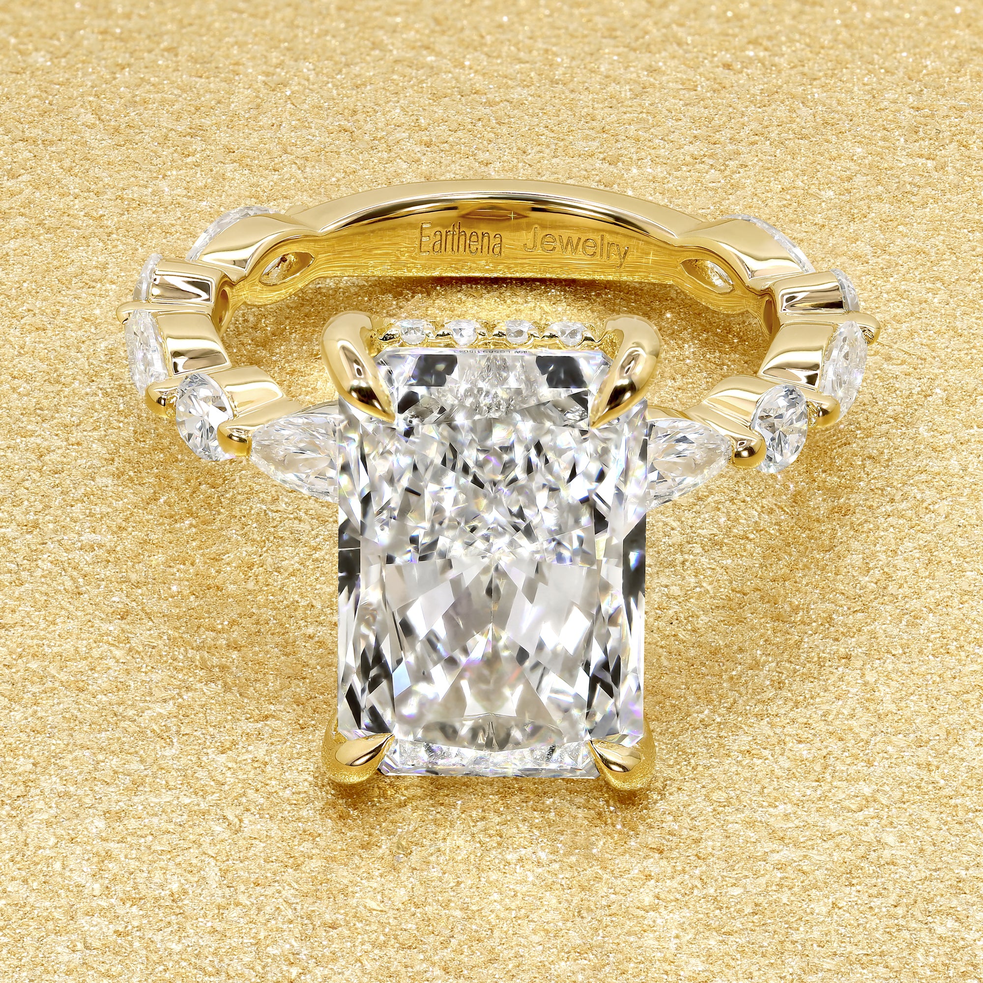 Classic Grace 4.57ct Elongated Radiant-cut Lab-grown Diamond Hidden Halo Floating Engagement ring in 18K Yellow Gold by Earthena Jewelry of Beverly Hills.