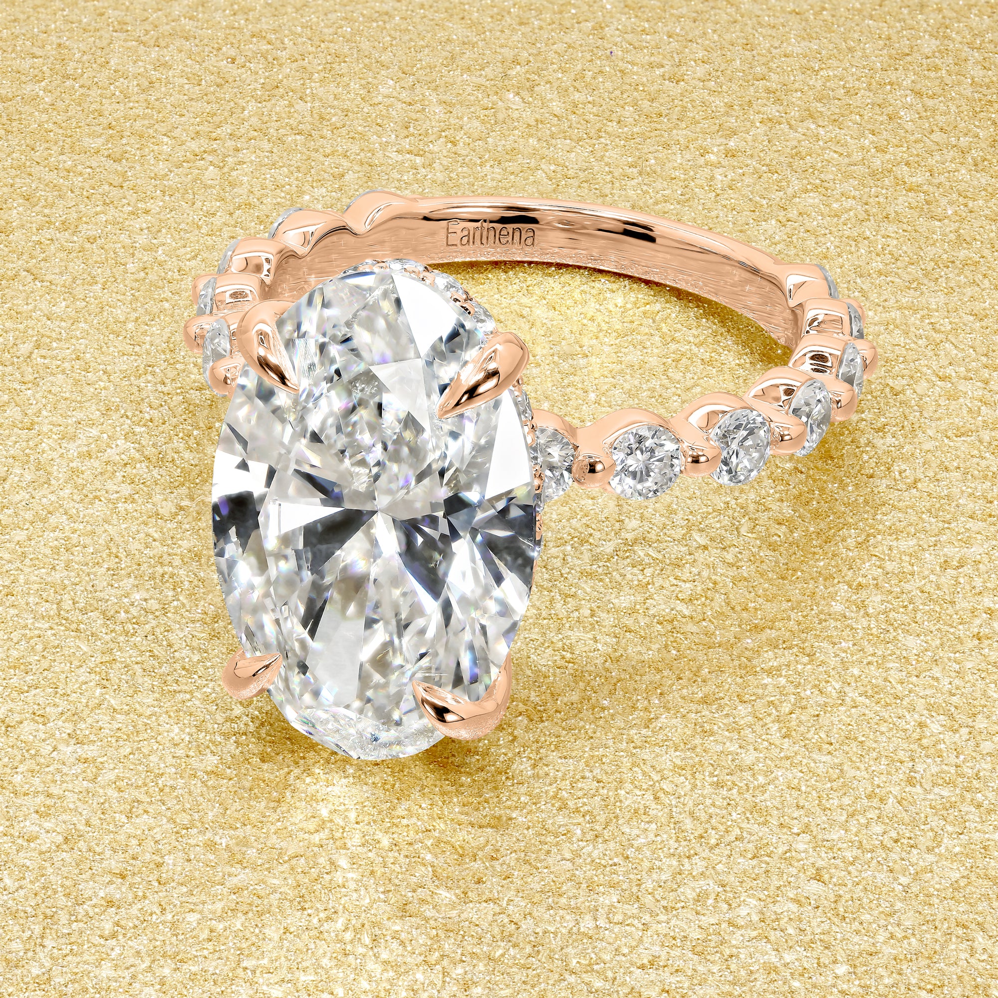 Classic Luna 4.78ct Elongated Oval-cut Lab-grown Diamond Hidden Halo Floating Engagement ring in 18K Yellow Gold by Earthena Jewelry of Beverly Hills.