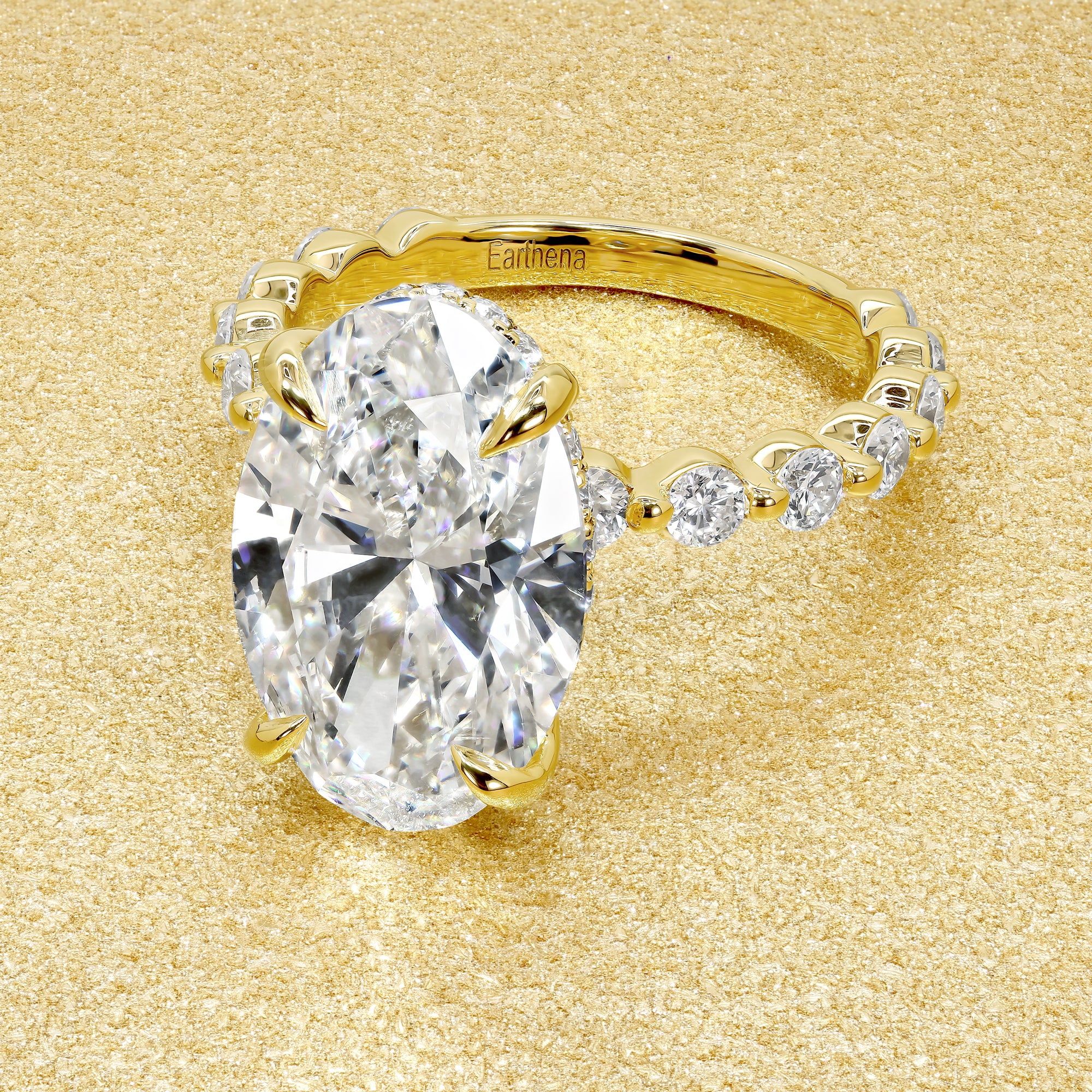 Classic Luna 4.78ct Elongated Oval-cut Lab-grown Diamond Hidden Halo Floating Engagement ring in 18K Yellow Gold by Earthena Jewelry of Beverly Hills.