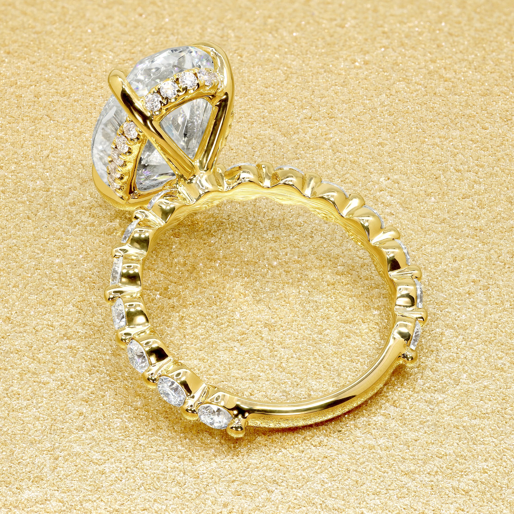 Classic Luna 4.78ct Elongated Oval-cut Lab-grown Diamond Hidden Halo Floating Engagement ring in 18K Yellow Gold by Earthena Jewelry of Beverly Hills.