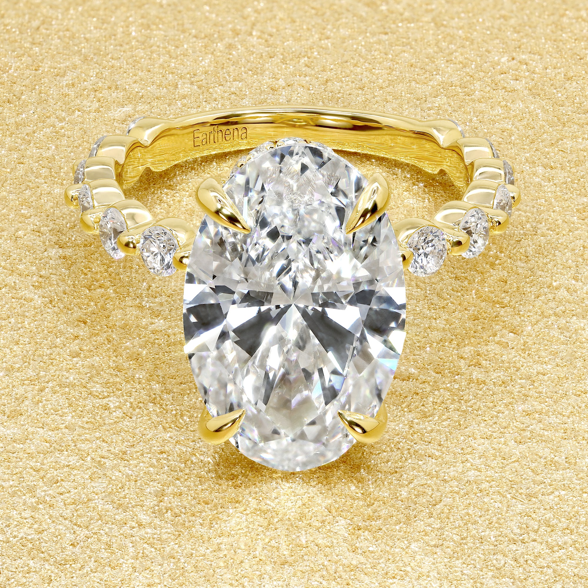 Classic Luna 4.78ct Elongated Oval-cut Lab-grown Diamond Hidden Halo Floating Engagement ring in 18K Yellow Gold by Earthena Jewelry of Beverly Hills.