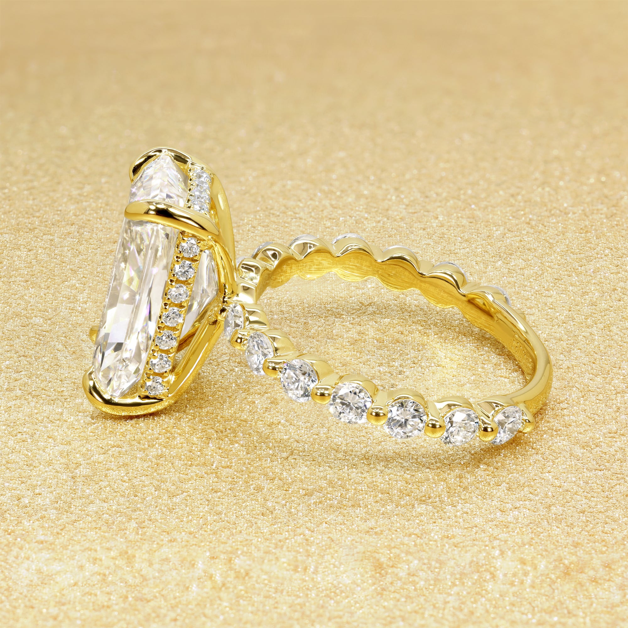 Classic Luna 5.25ct Elongated Radiant-cut Lab-grown Diamond Hidden Halo Floating Engagement ring in 14K Gold, 18K Gold, or Platinum by Earthena Jewelry of Beverly Hills.