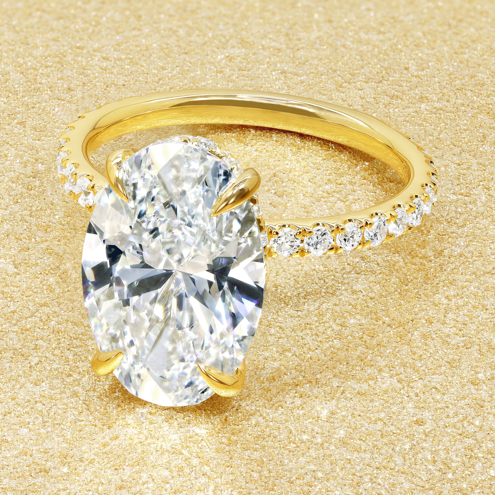Classic Selina 4.0ct Elongated Oval-cut Lab-grown Diamond Hidden Halo Engagement ring in 14K gold, 18K gold, or Platinum by Earthena Jewelry of Beverly Hills.