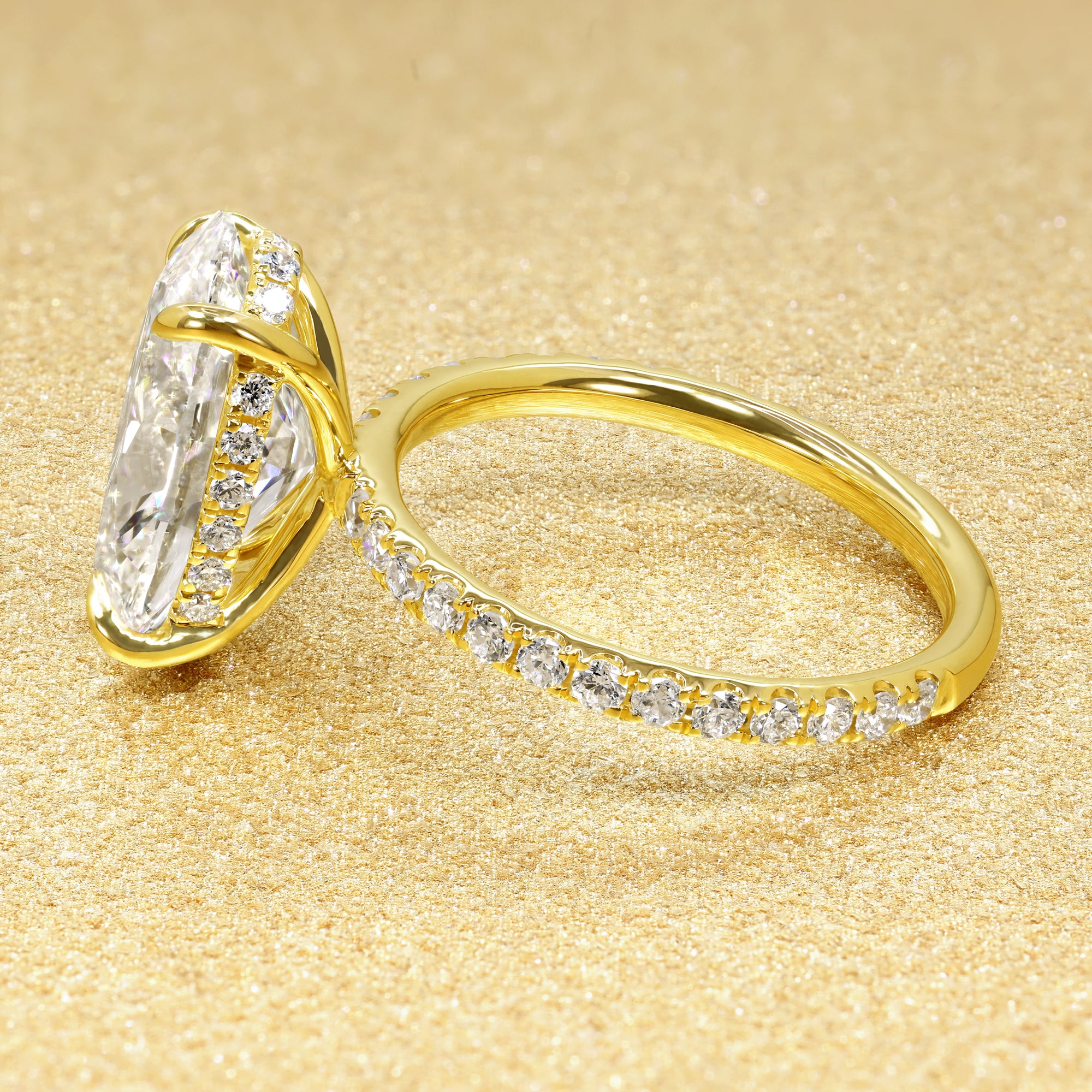 Classic Selina 4.0ct Elongated Oval-cut Lab-grown Diamond Hidden Halo Engagement ring in 14K gold, 18K gold, or Platinum by Earthena Jewelry of Beverly Hills.