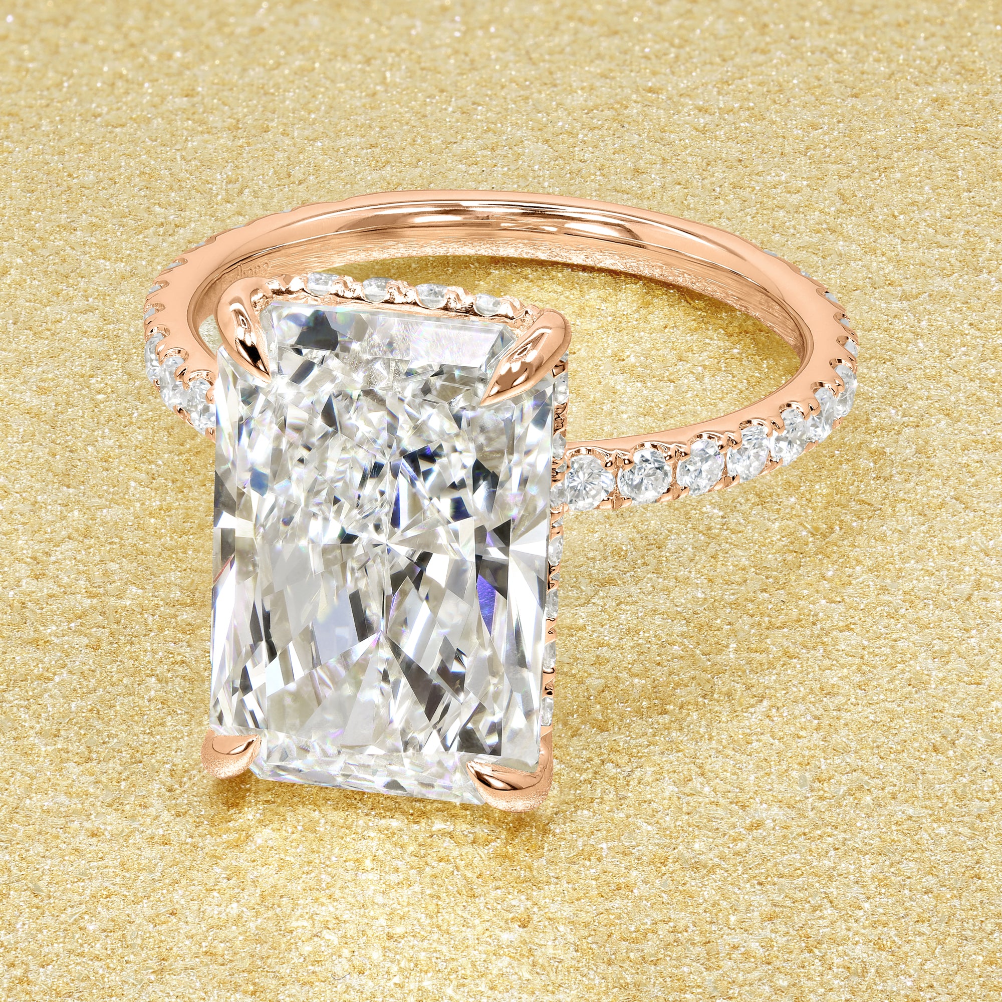 Classic Selina 5.05ct Elongated Radiant-cut Lab-grown Diamond Hidden Halo Engagement ring in 14K gold, 18K gold, or Platinum by Earthena Jewelry of Beverly Hills.