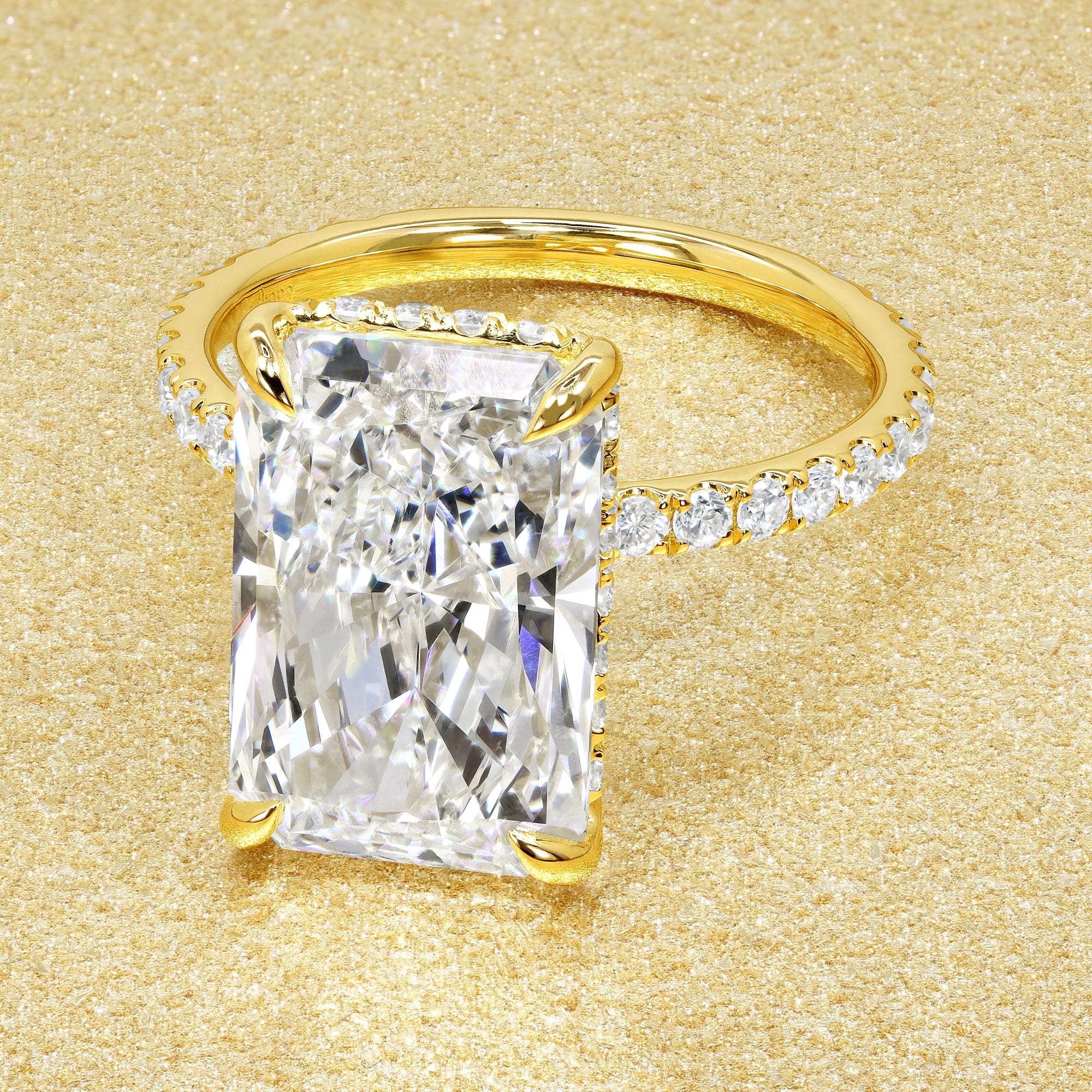 Classic Selina 5.05ct Elongated Radiant-cut Lab-grown Diamond Hidden Halo Engagement ring in 14K gold, 18K gold, or Platinum by Earthena Jewelry of Beverly Hills.