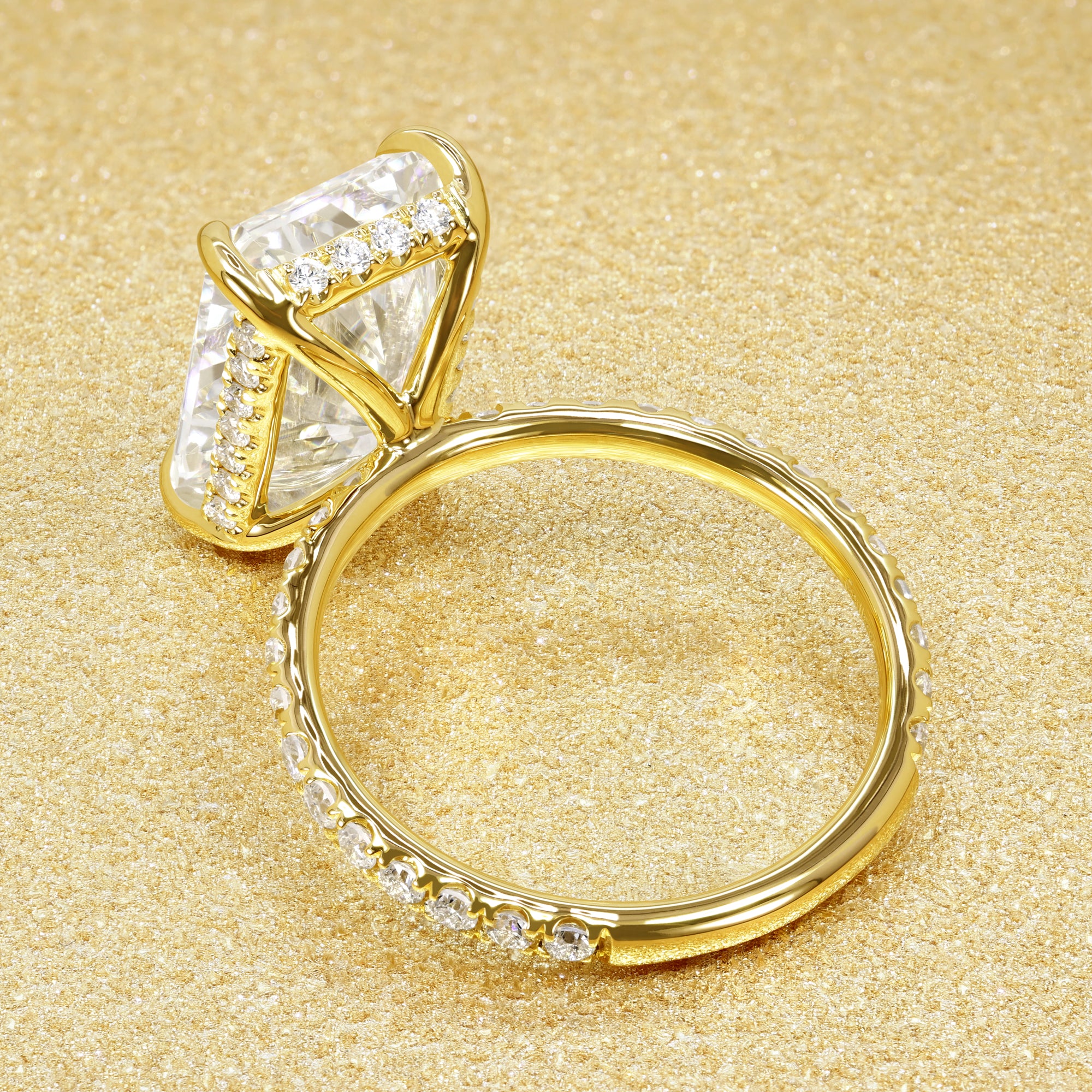 Classic Selina 5.05ct Elongated Radiant-cut Lab-grown Diamond Hidden Halo Engagement ring in 14K gold, 18K gold, or Platinum by Earthena Jewelry of Beverly Hills.