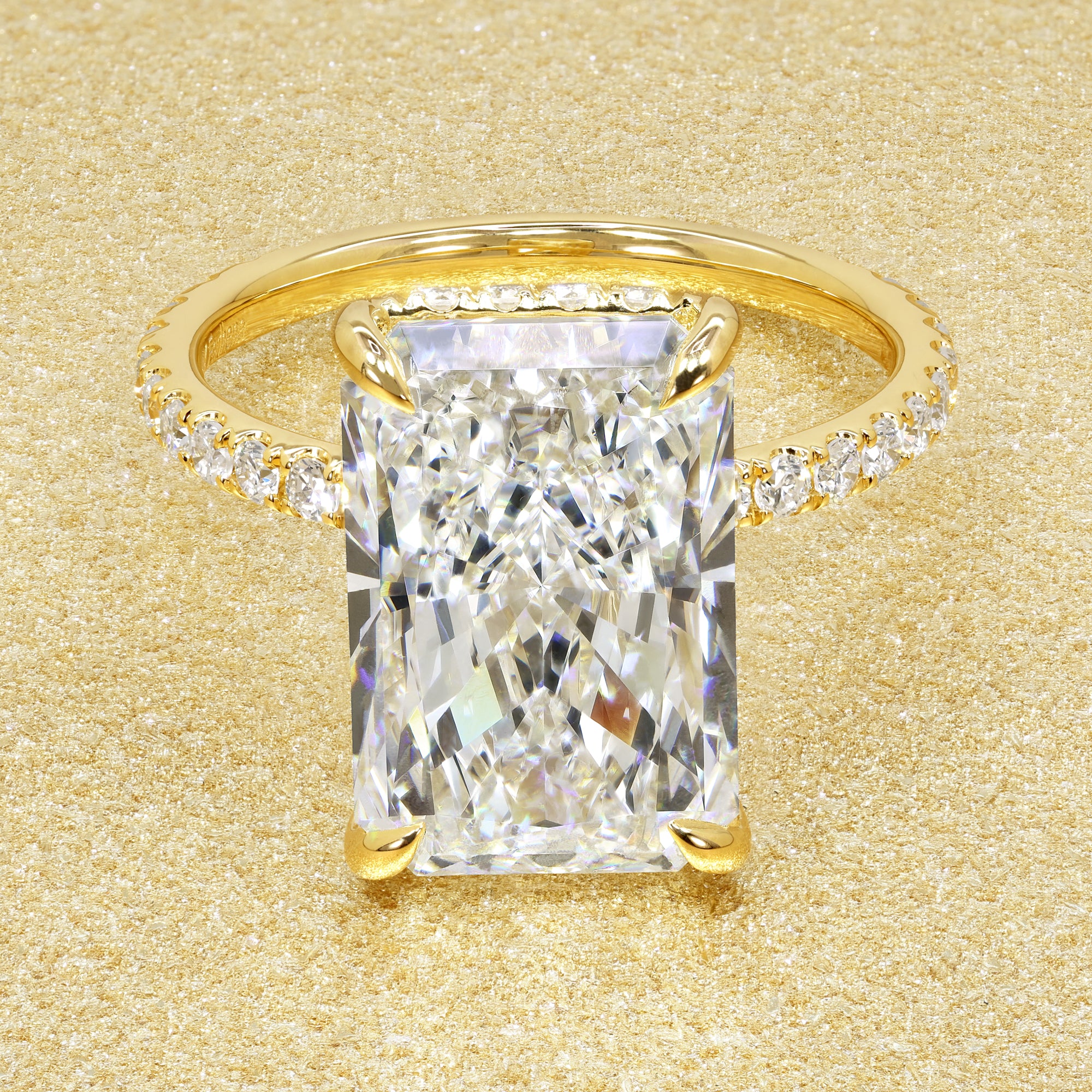 Classic Selina 5.05ct Elongated Radiant-cut Lab-grown Diamond Hidden Halo Engagement ring in 14K gold, 18K gold, or Platinum by Earthena Jewelry of Beverly Hills.