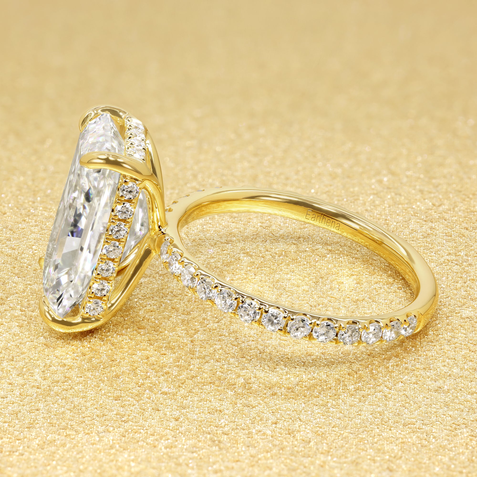 Classic Selina 5.05ct Elongated Radiant-cut Lab-grown Diamond Hidden Halo Engagement ring in 14K gold, 18K gold, or Platinum by Earthena Jewelry of Beverly Hills.