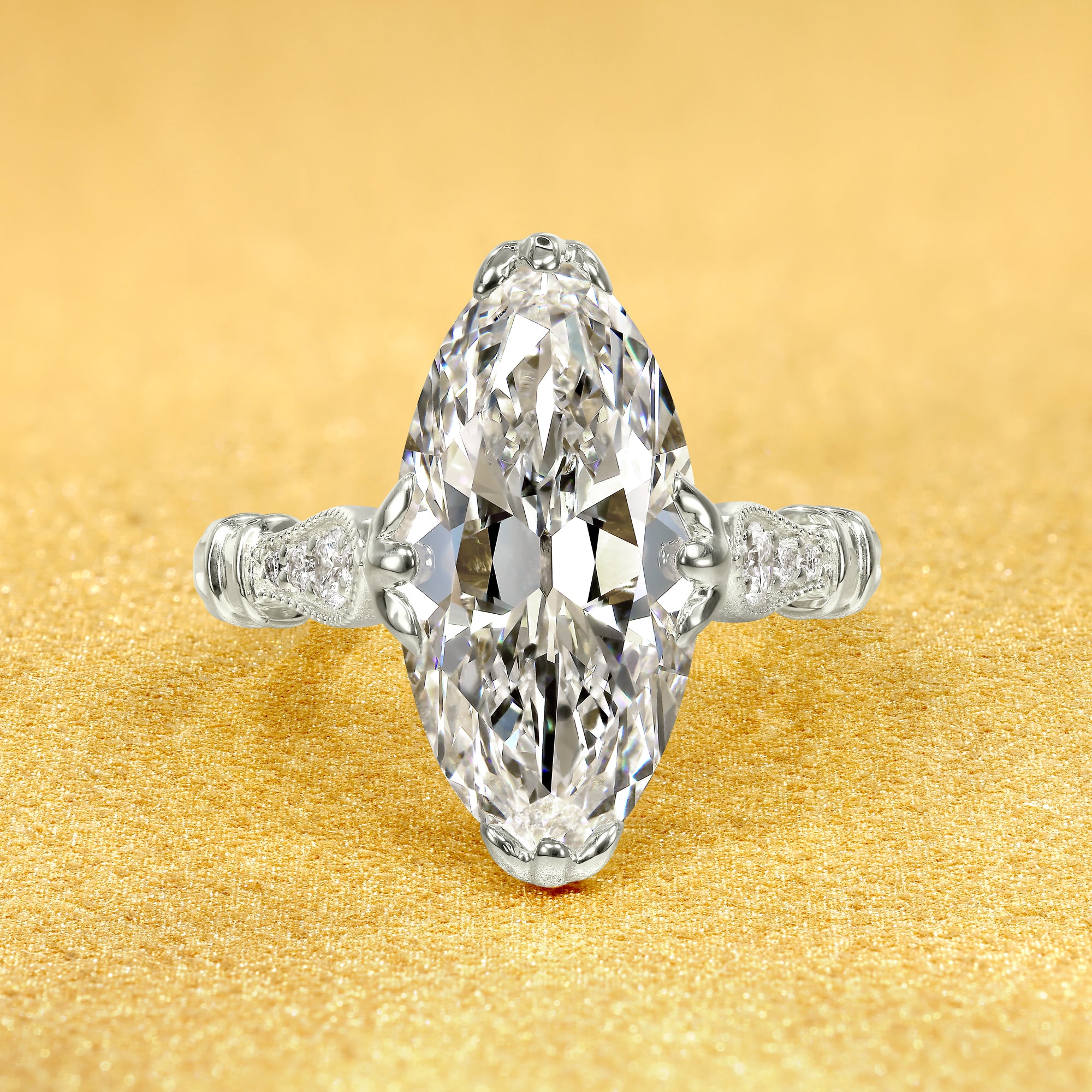 The Josephine, 4.5ct Elongated Moval Old Mine Cut Lab-Grown Diamond Vintage Engagement Ring in 14K Gold, 18K Gold, or Platinum by Earthena Jewelry of Beverly Hills.