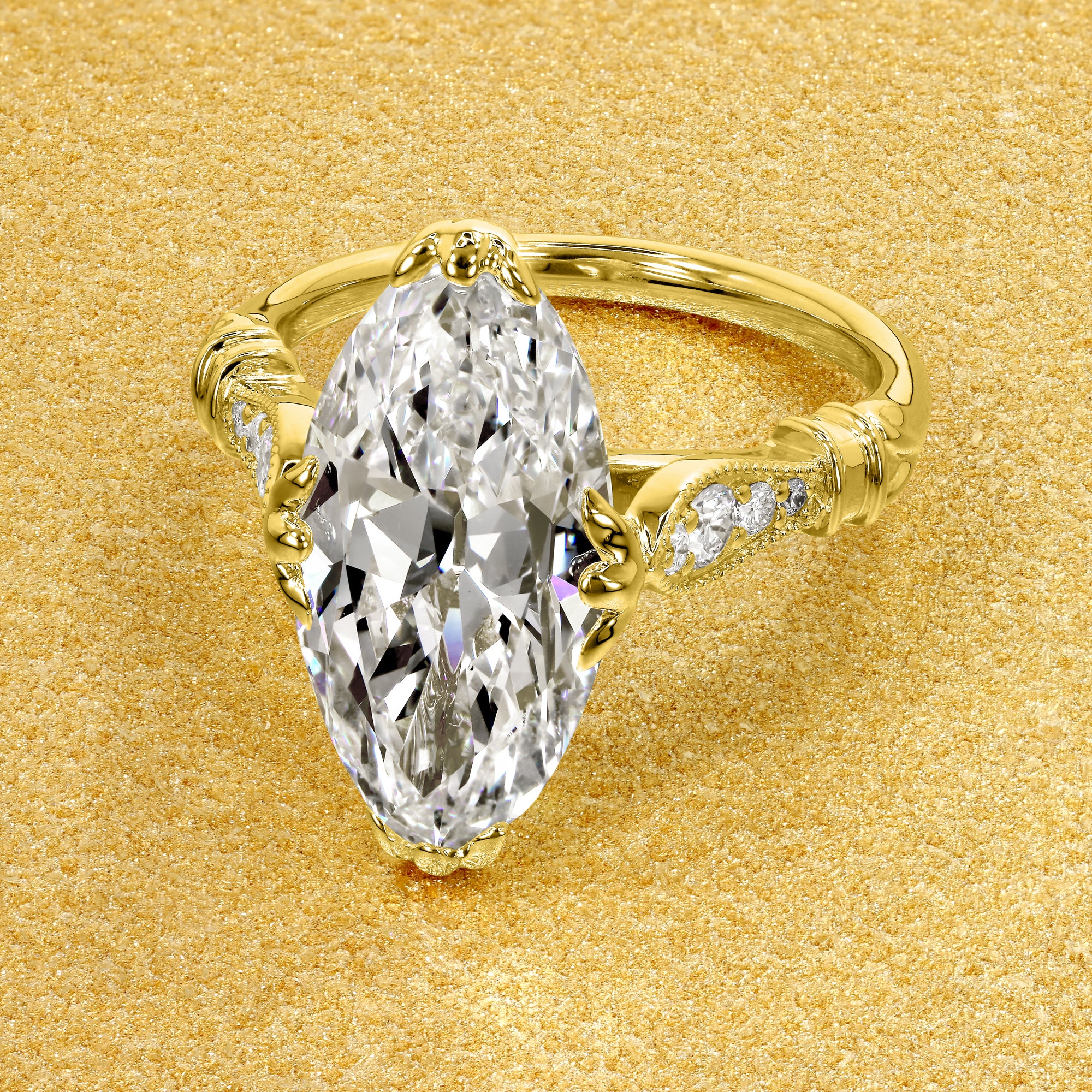 The Josephine, 4.5ct Elongated Moval Old Mine Cut Lab-Grown Diamond Vintage Engagement Ring in 14K Gold, 18K Gold, or Platinum by Earthena Jewelry of Beverly Hills.
