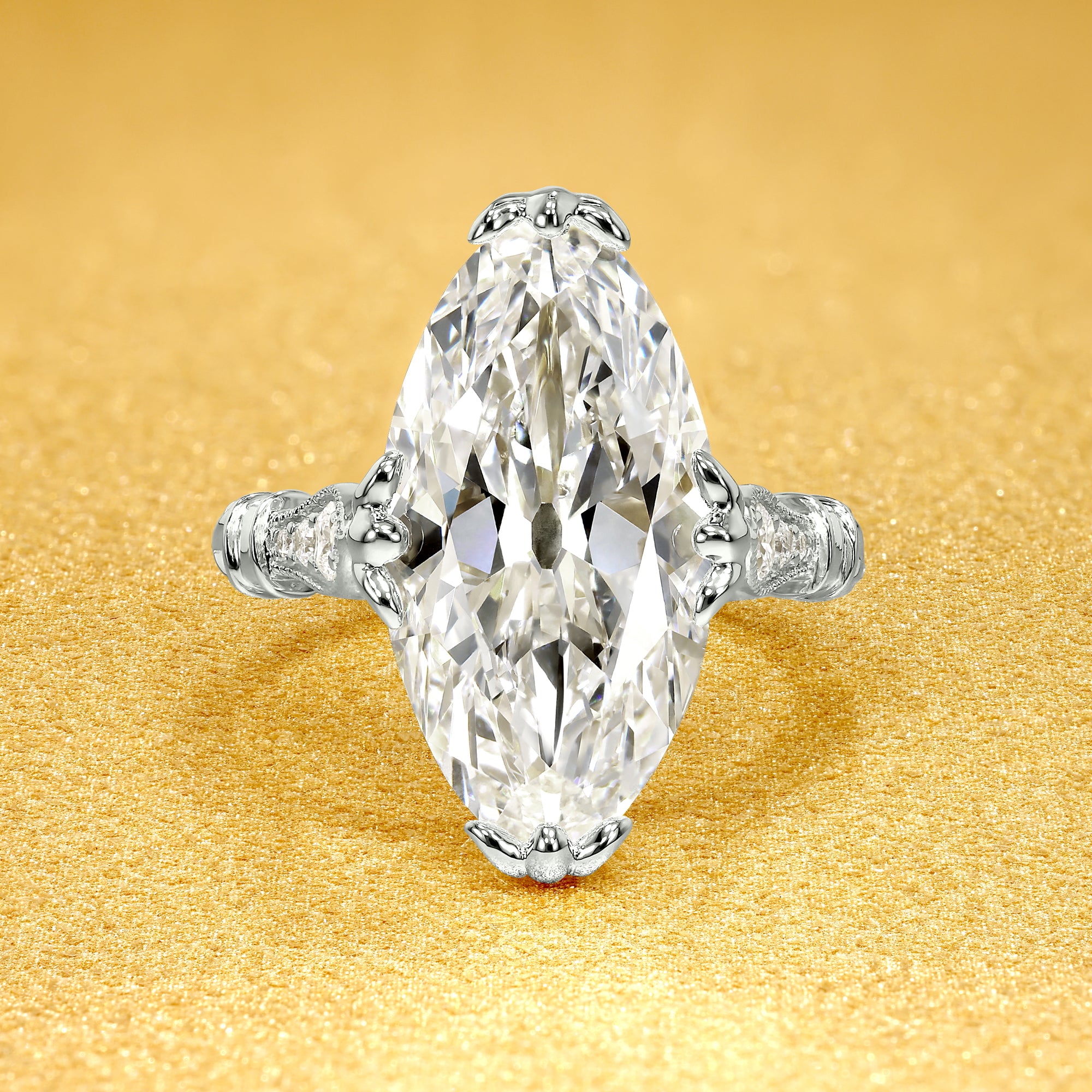 Josephine 6.41ct Elongated Moval Old Mine Cut Lab-Grown Diamond Vintage Engagement Ring in 14K Gold, 18K Gold, or Platinum by Earthena Jewelry of Beverly Hills.