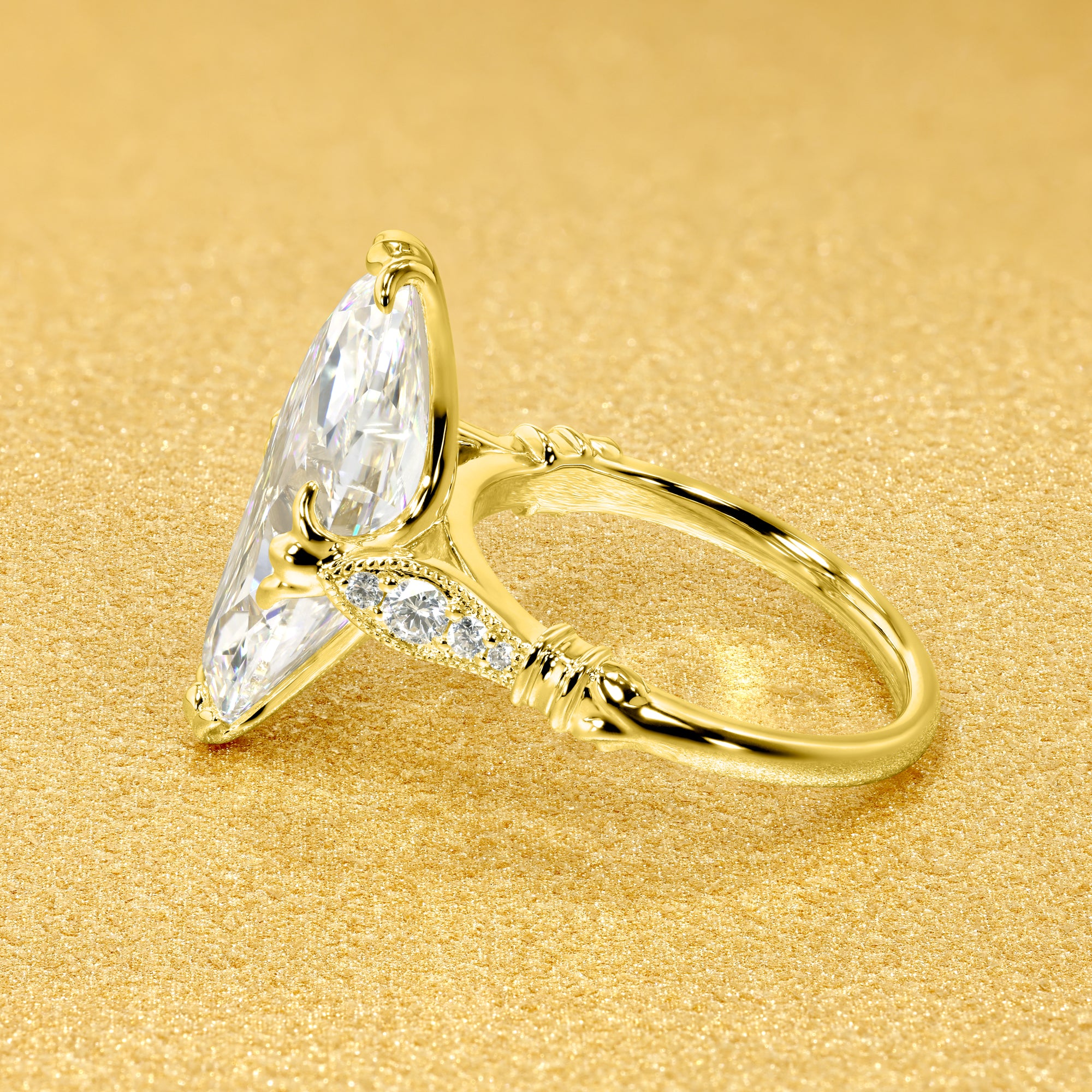 Josephine 6.41ct Elongated Moval Old Mine Cut Lab-Grown Diamond Vintage Engagement Ring in 14K Gold, 18K Gold, or Platinum by Earthena Jewelry of Beverly Hills.