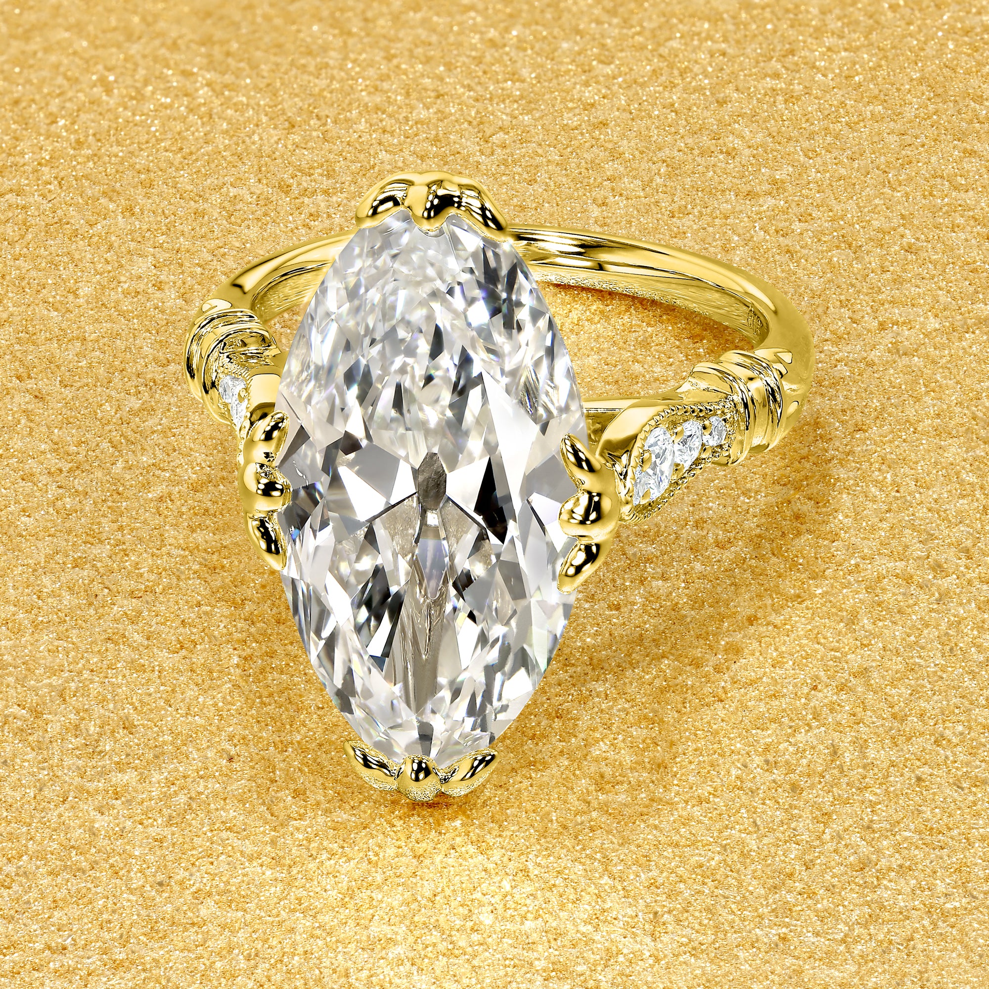 Josephine 6.41ct Elongated Moval Old Mine Cut Lab-Grown Diamond Vintage Engagement Ring in 14K Gold, 18K Gold, or Platinum by Earthena Jewelry of Beverly Hills.