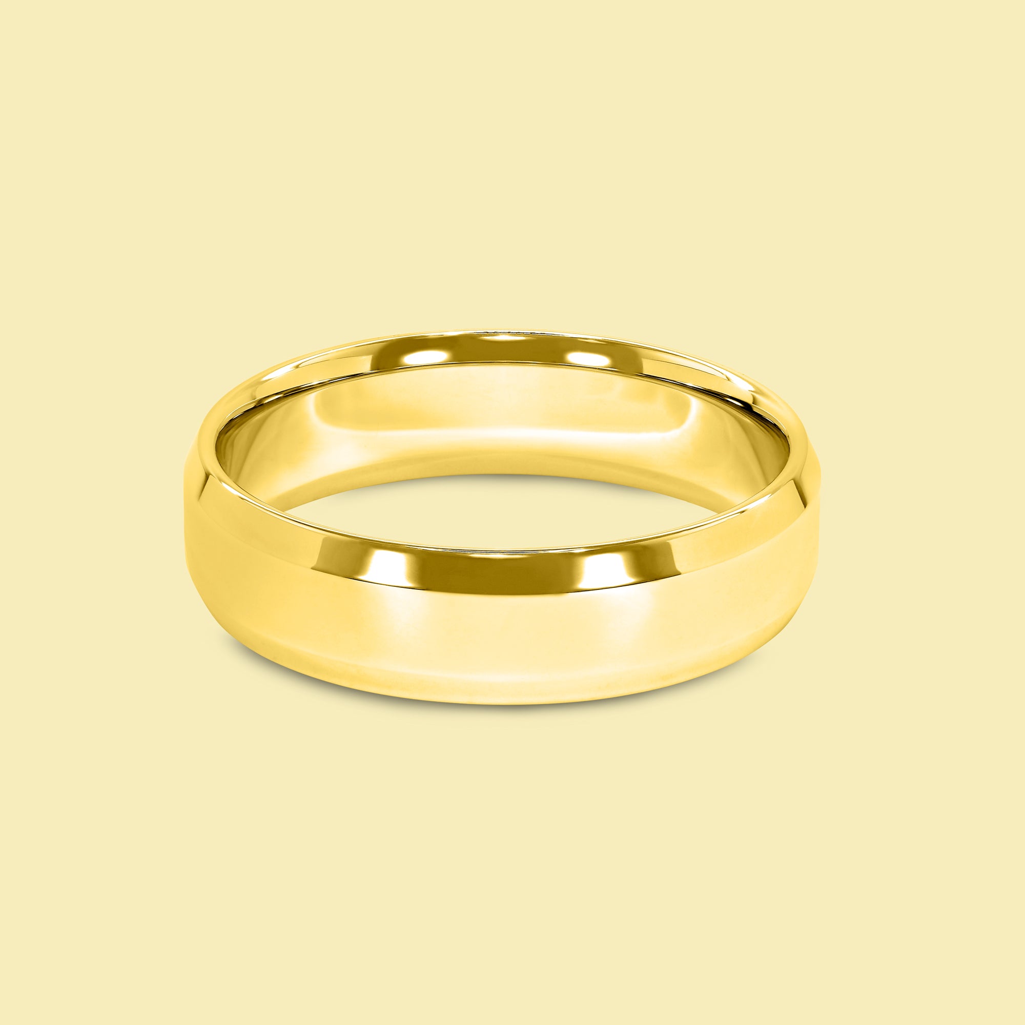 The Knox Solid Gold 6mm Beveled Edge High Polish Men's Wedding Band in 14K Gold, 18K Gold, or Platinum by Earthena Jewelry of Beverly Hills.